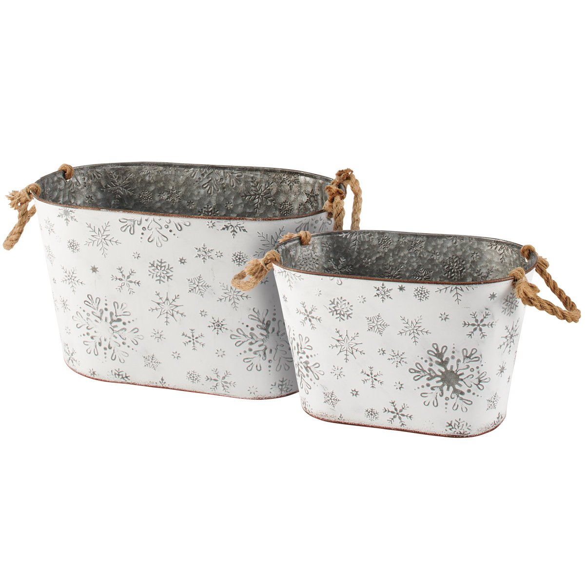 Charming Embossed Snowflakes Metal Nesting Storage Bins with Rope Handles, Set of Two