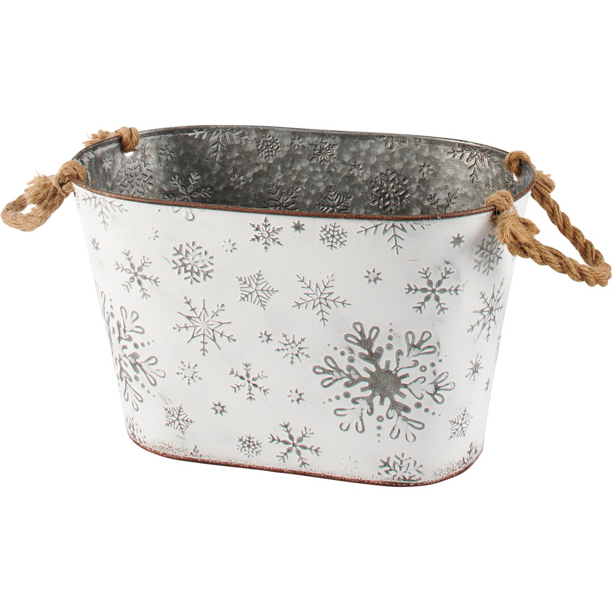 Charming Embossed Snowflakes Metal Nesting Storage Bins with Rope Handles, Set of Two