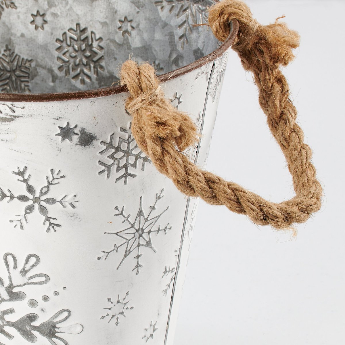 Charming Embossed Snowflakes Metal Nesting Storage Bins with Rope Handles, Set of Two