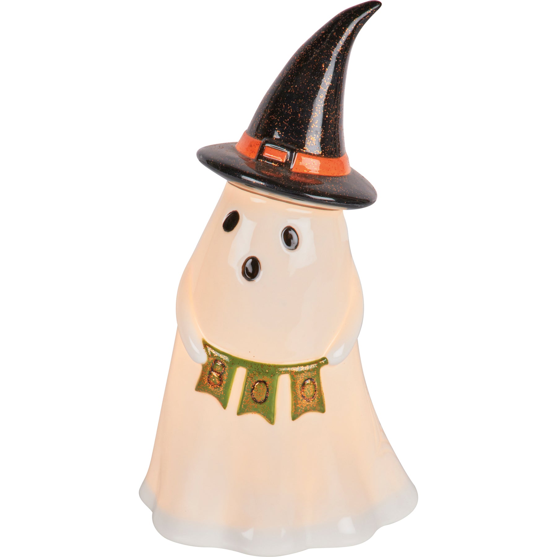 Spooky Lighted Ceramic Witch Ghost Figurine with Glitter Accents & Boo Banner