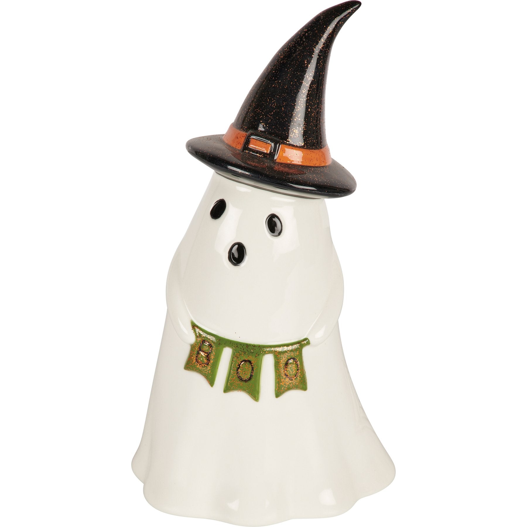 Spooky Lighted Ceramic Witch Ghost Figurine with Glitter Accents & Boo Banner