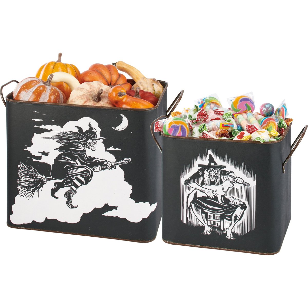 Decorative Halloween Witch and Cat Metal Storage Bins - Set of Two
