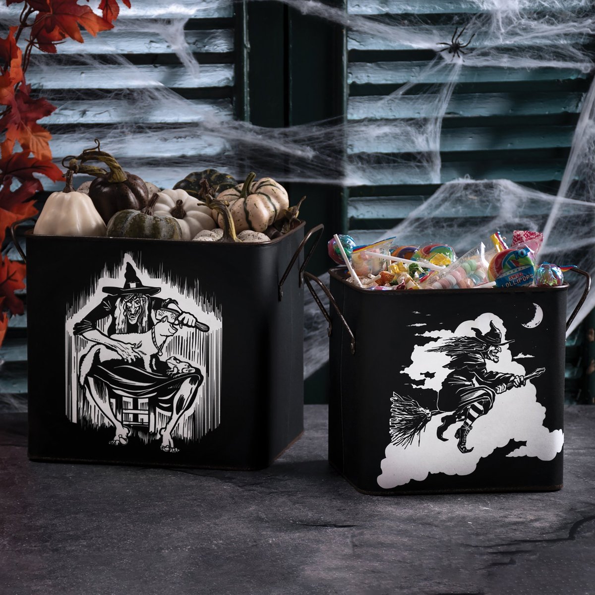 Decorative Halloween Witch and Cat Metal Storage Bins - Set of Two