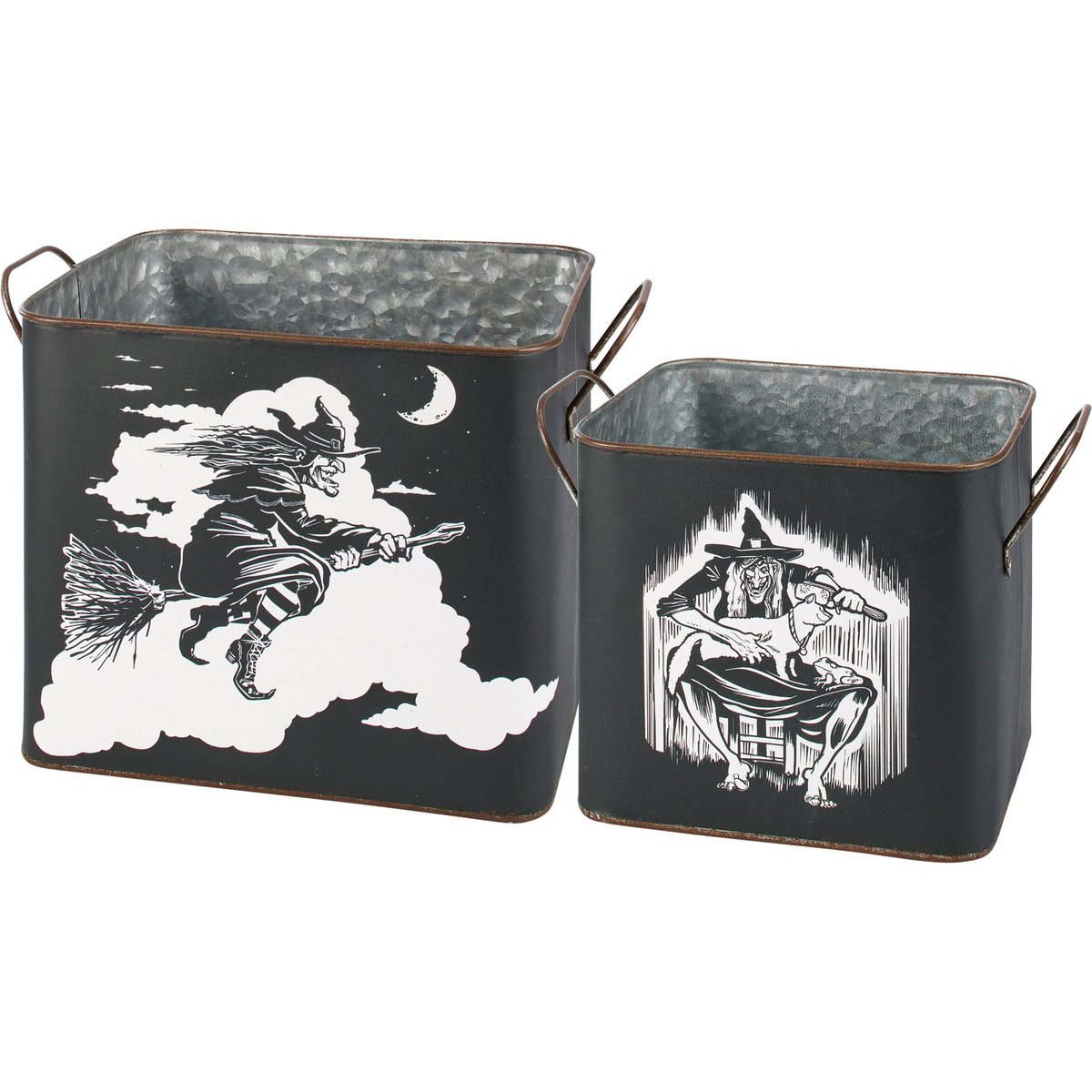 Decorative Halloween Witch and Cat Metal Storage Bins - Set of Two
