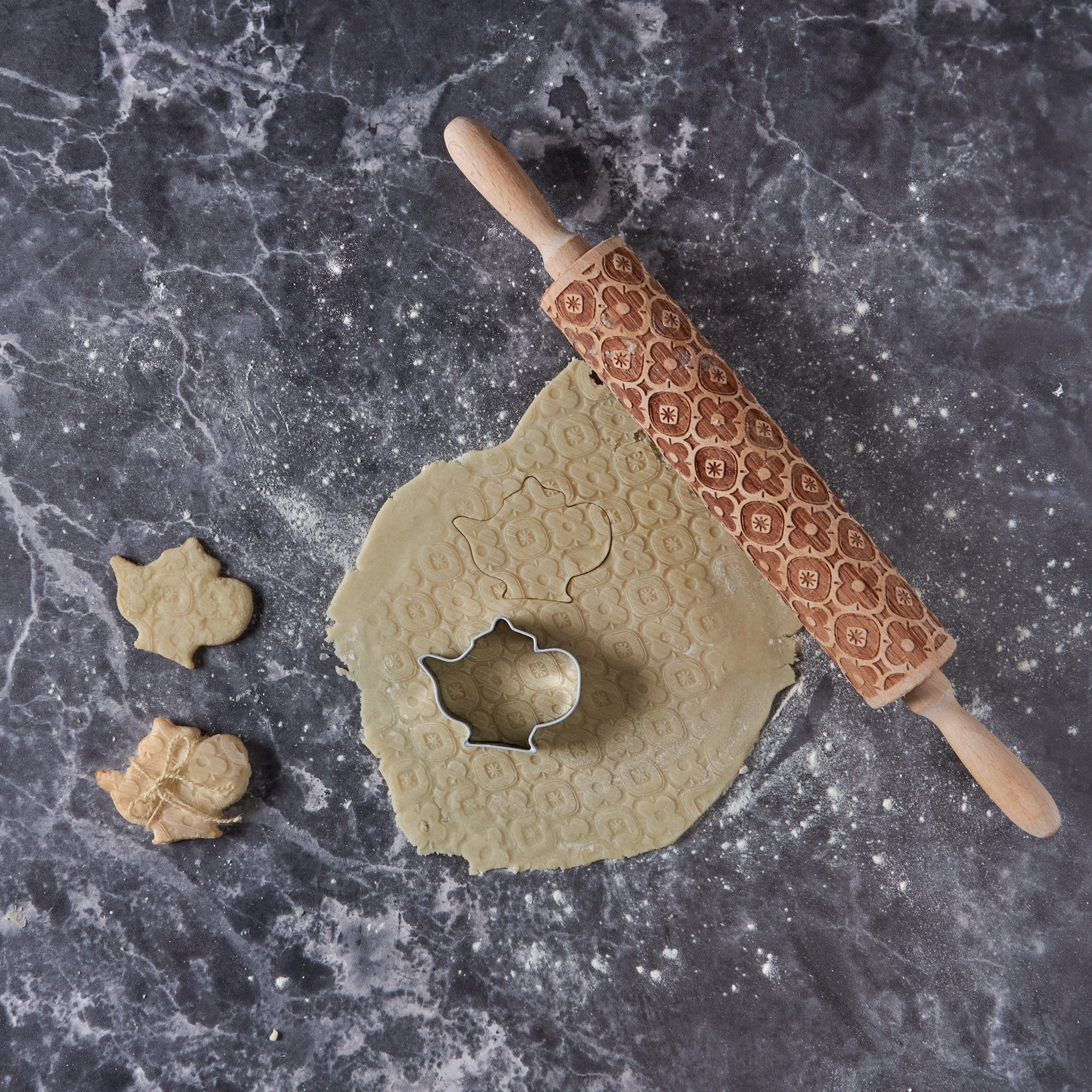 Elegant Teapot Cookie Baking Set with Debossed Wooden Rolling Pin & Metal Cutter