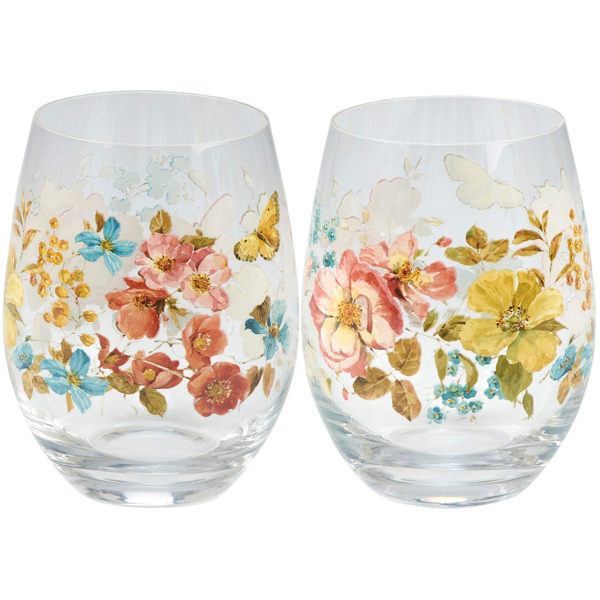 Charming Floral Stemless Wine Glass, 15 oz, Artistic Hand-Painted Design