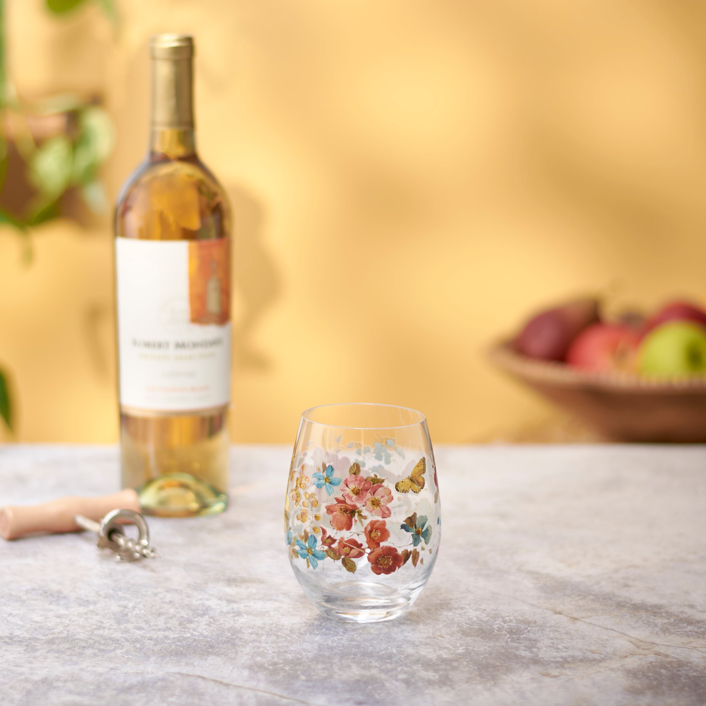 Charming Floral Stemless Wine Glass, 15 oz, Artistic Hand-Painted Design