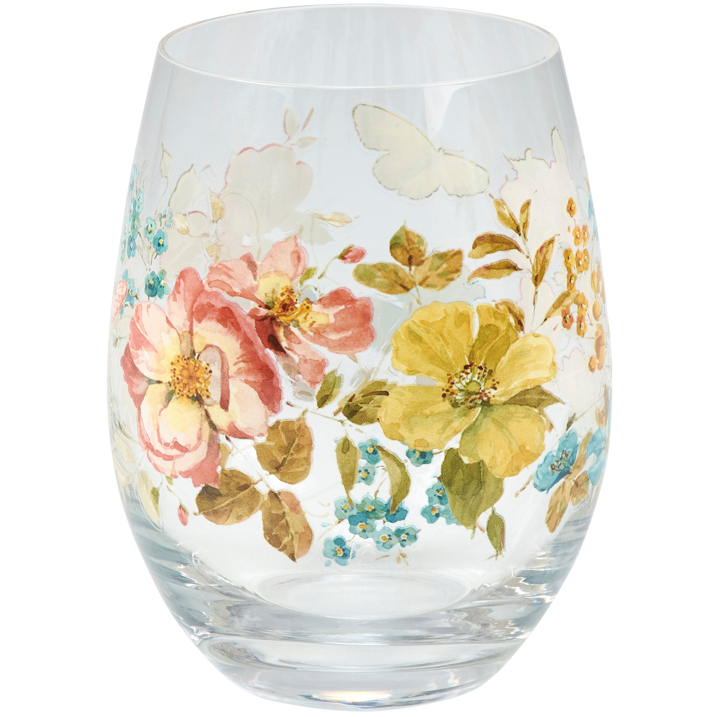 Charming Floral Stemless Wine Glass, 15 oz, Artistic Hand-Painted Design