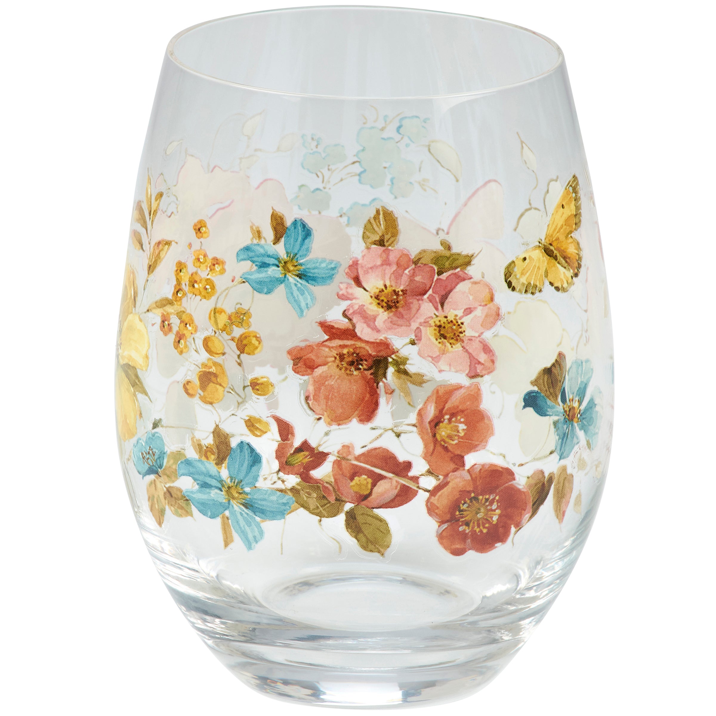 Charming Floral Stemless Wine Glass, 15 oz, Artistic Hand-Painted Design