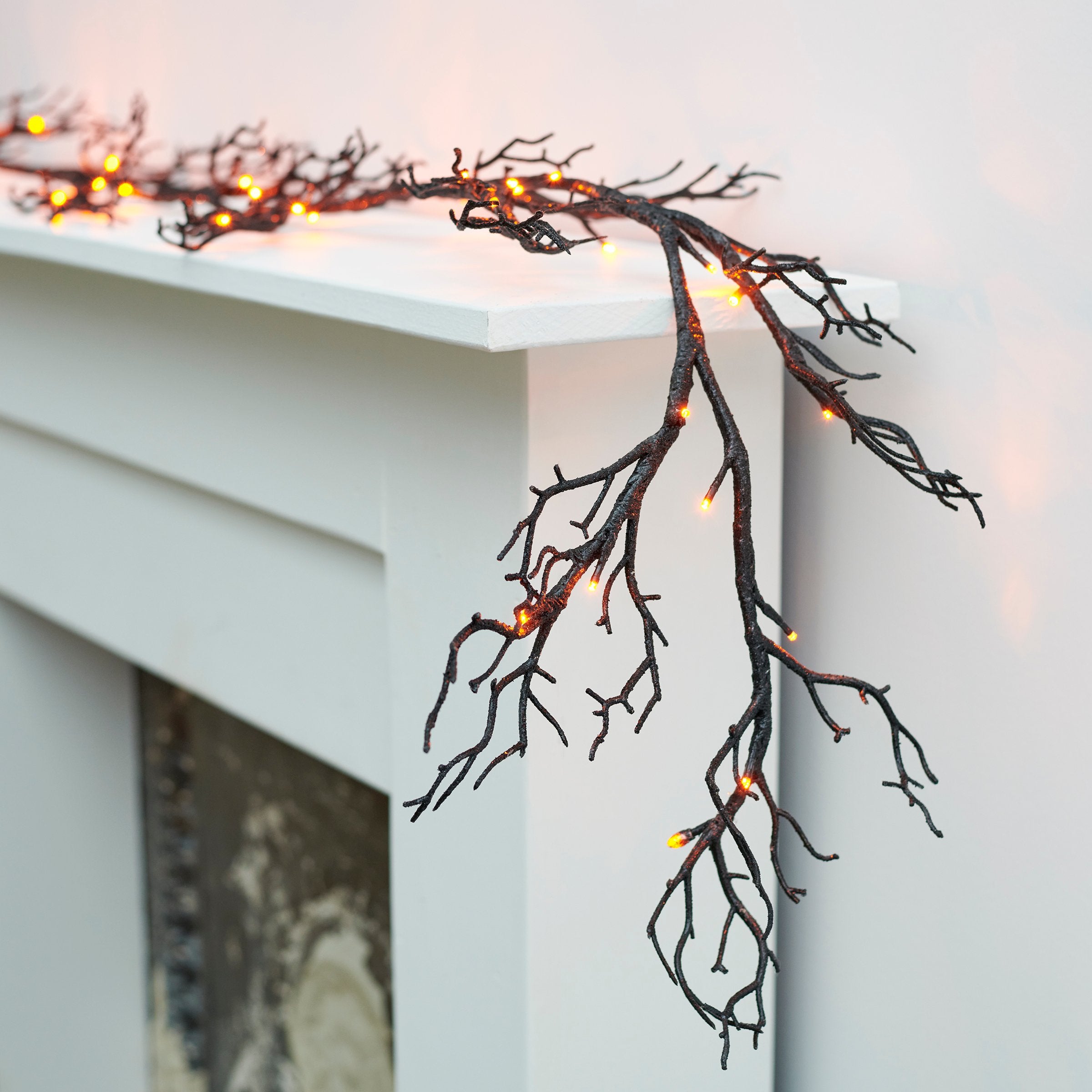 Spooky Black Glitter Lighted Halloween Garland with Orange Purple Lights