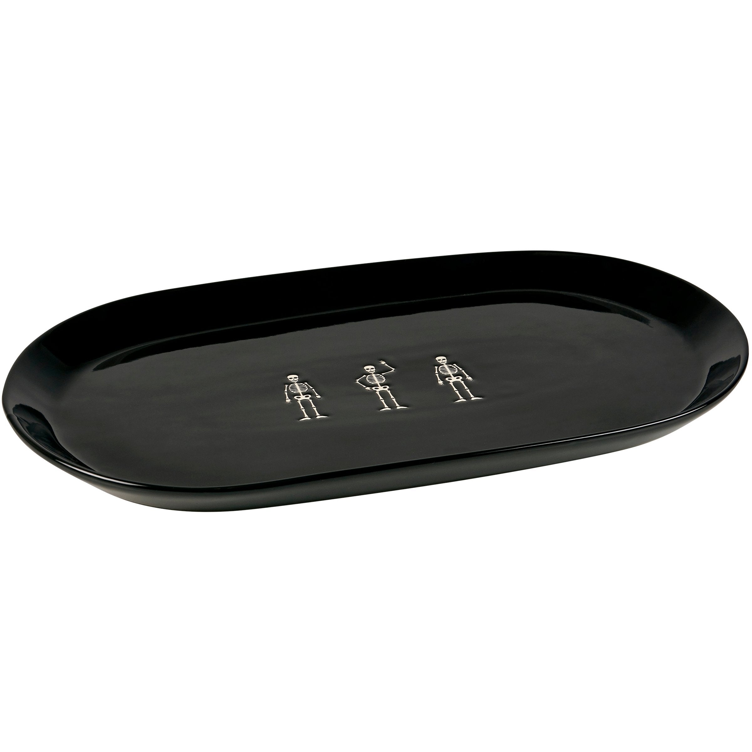 Halloween Spooky Stoneware Oval Platter with Debossed Skeletons - Festive Serving Dish