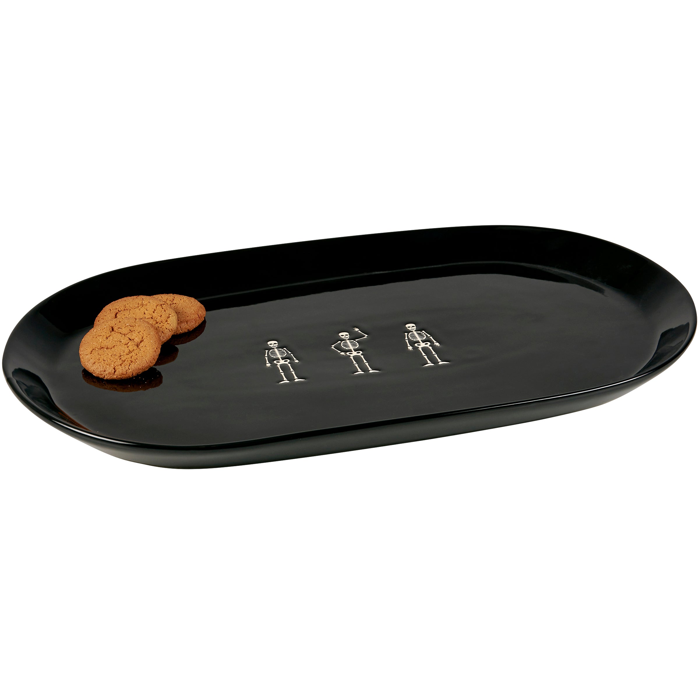 Halloween Spooky Stoneware Oval Platter with Debossed Skeletons - Festive Serving Dish