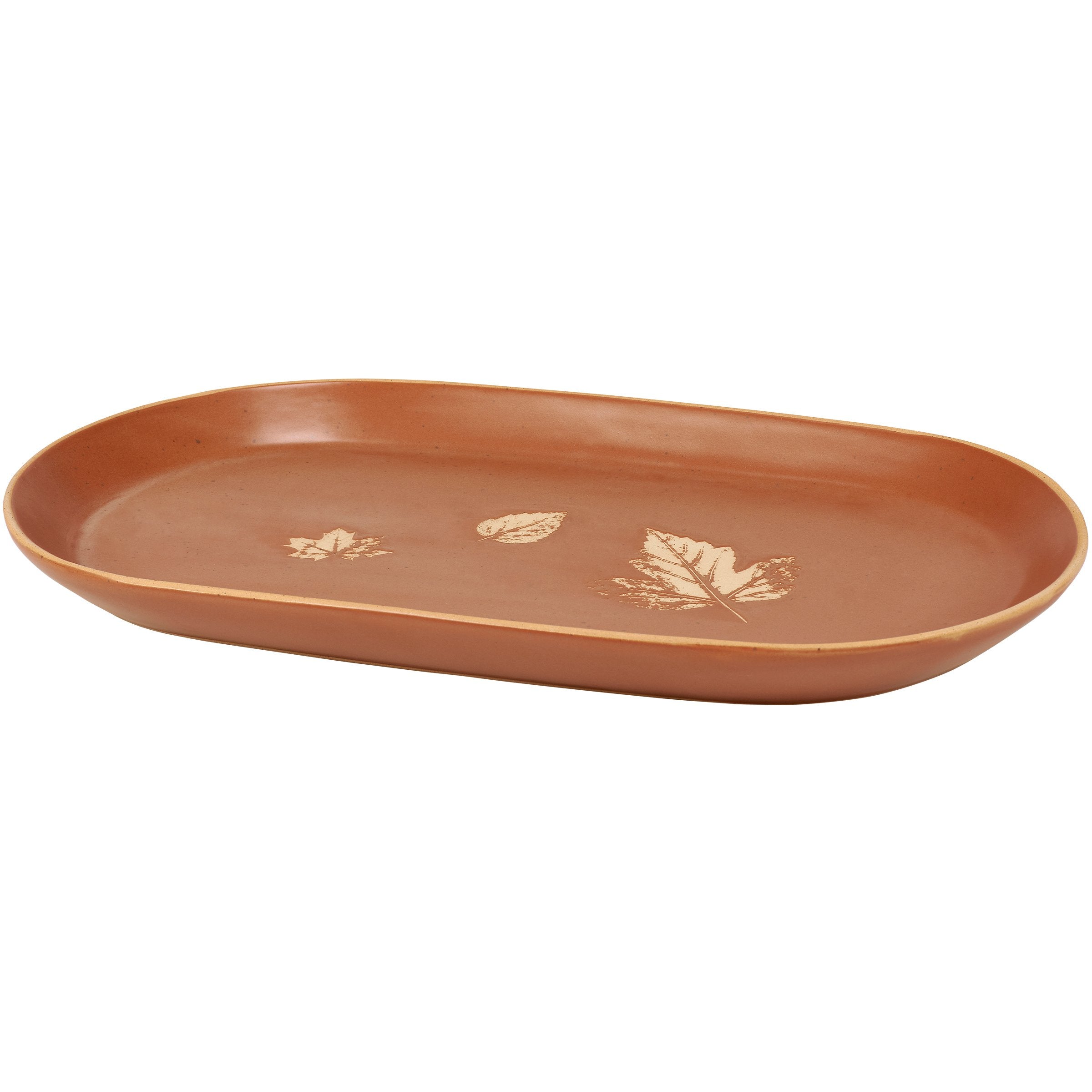 Rustic Autumn Brown Oval Stoneware Platter with Debossed Fall Leaves Design