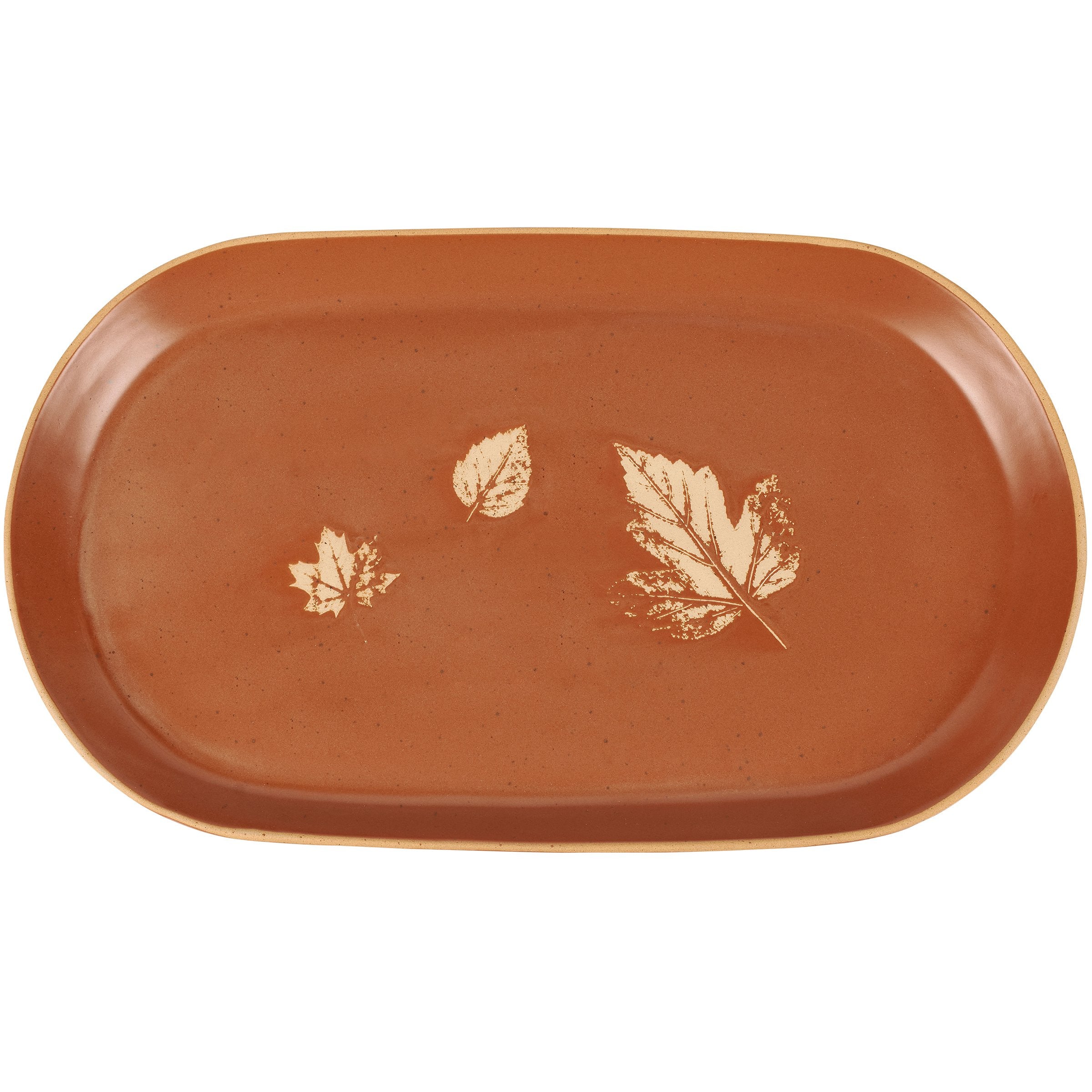 Rustic Autumn Brown Oval Stoneware Platter with Debossed Fall Leaves Design