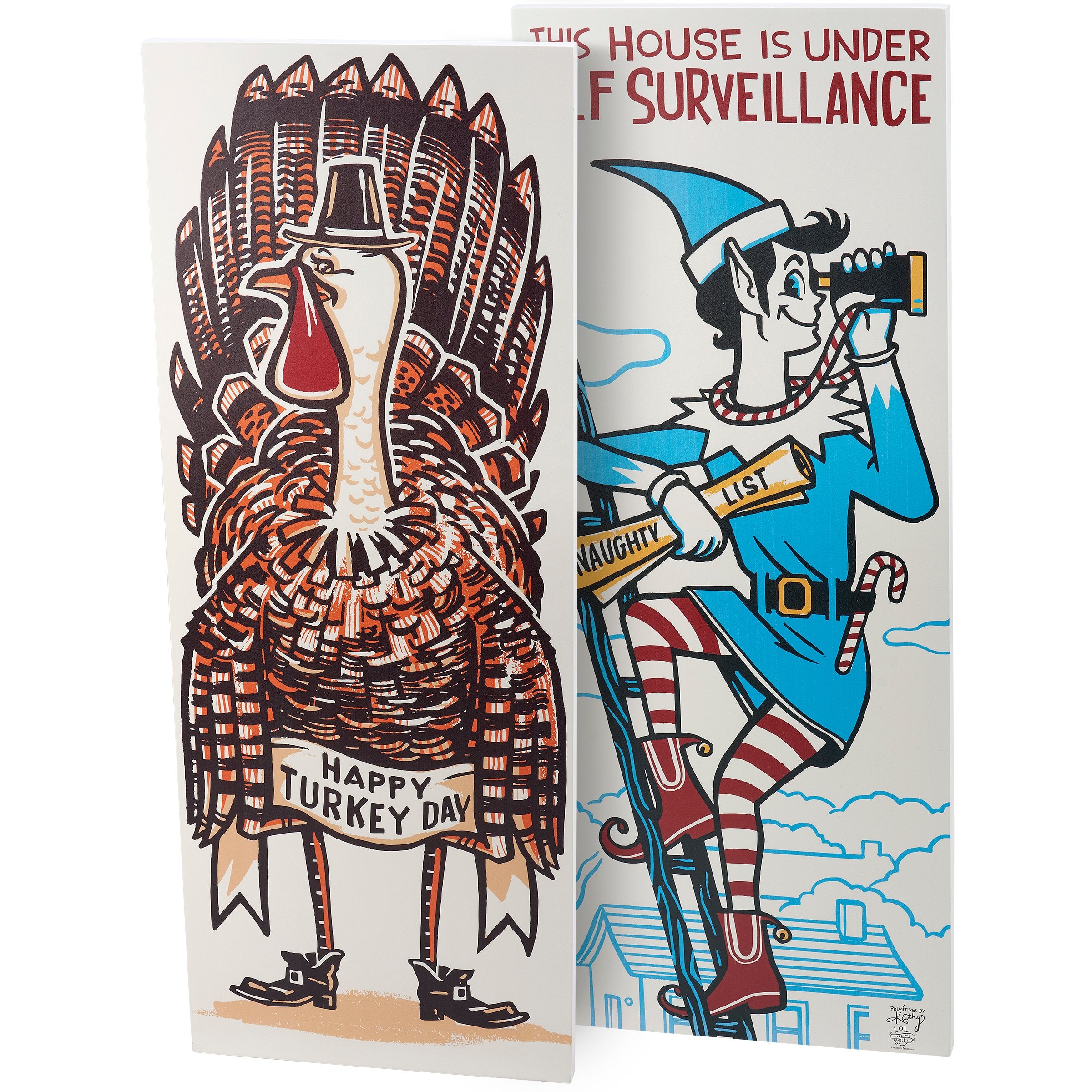 Double-Sided Wooden Porch Leaner: Happy Turkey Day & Elf Surveillance Holiday Decor