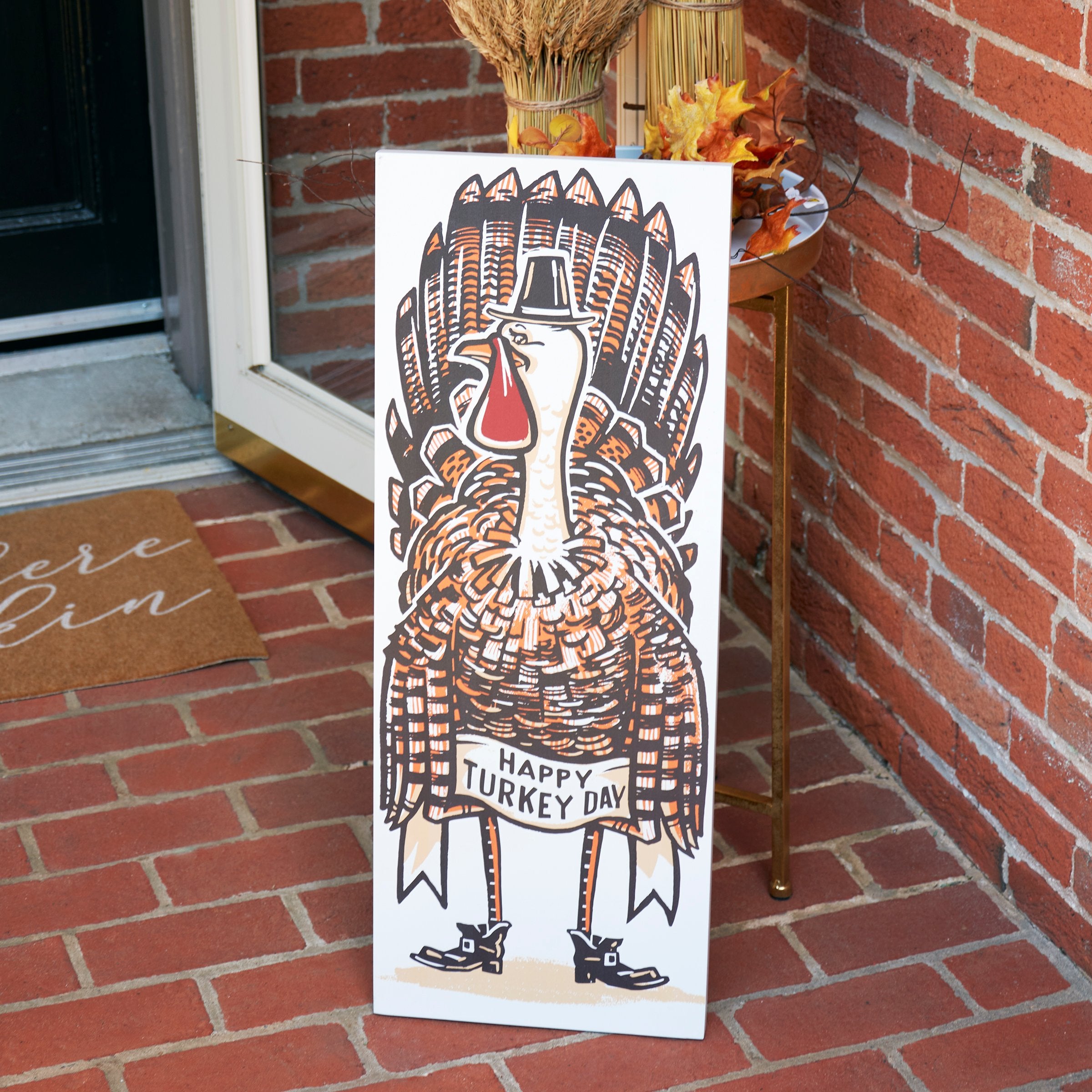 Double-Sided Wooden Porch Leaner: Happy Turkey Day & Elf Surveillance Holiday Decor
