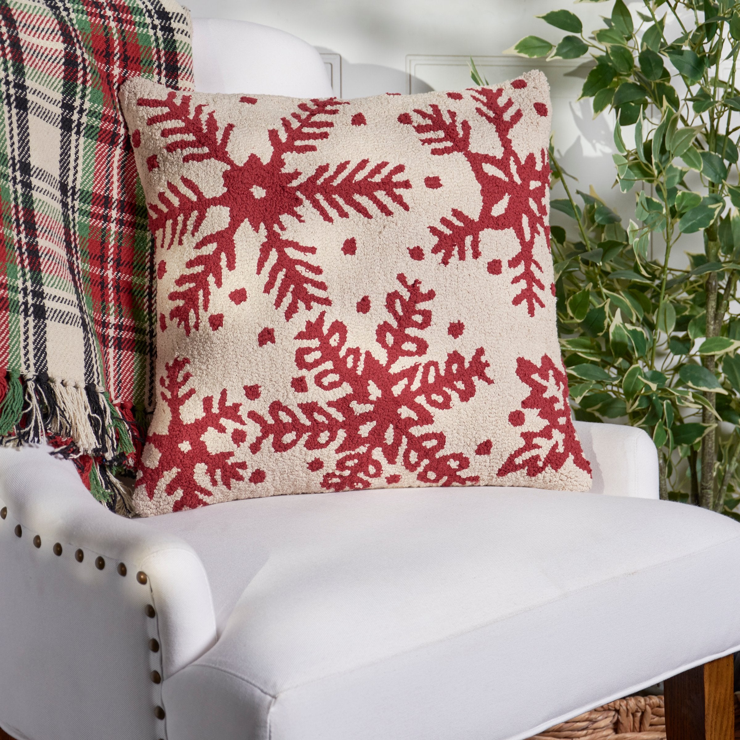Festive Red & Cream Snowflake Christmas Pillow - Soft Cotton Embroidered Home Decor