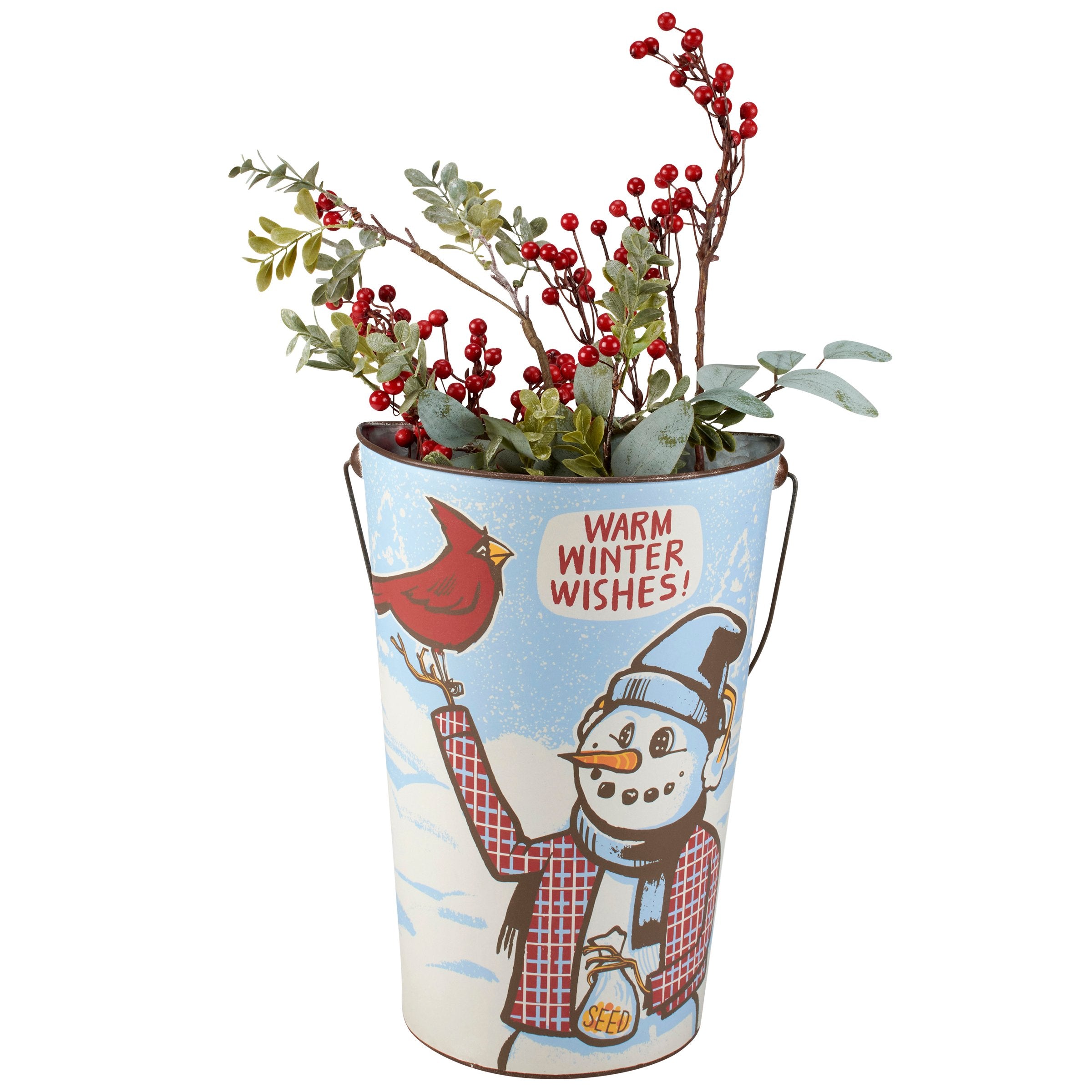 Charming Snowman Cardinal Metal Wall Bucket with Warm Winter Wishes Sentiment