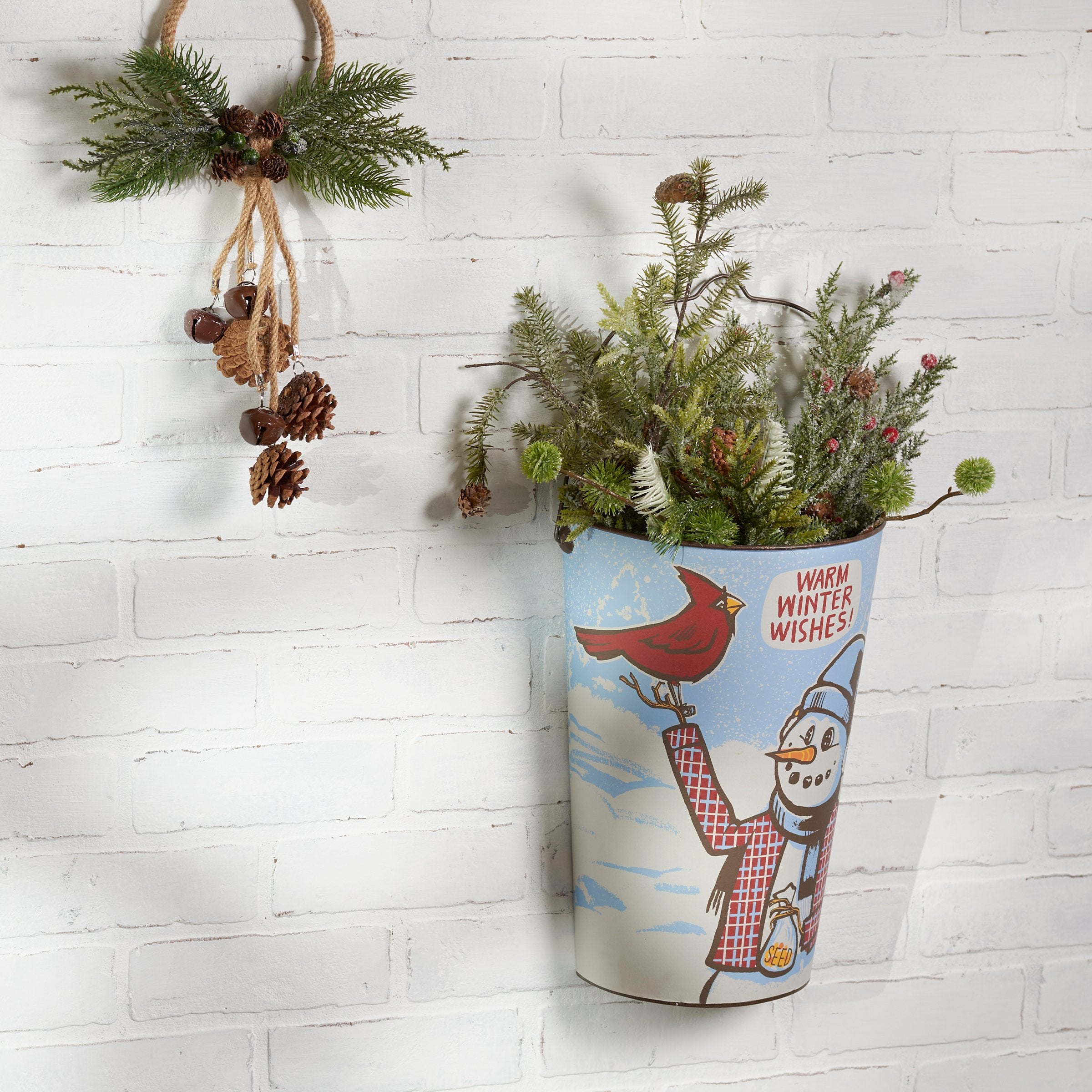 Charming Snowman Cardinal Metal Wall Bucket with Warm Winter Wishes Sentiment