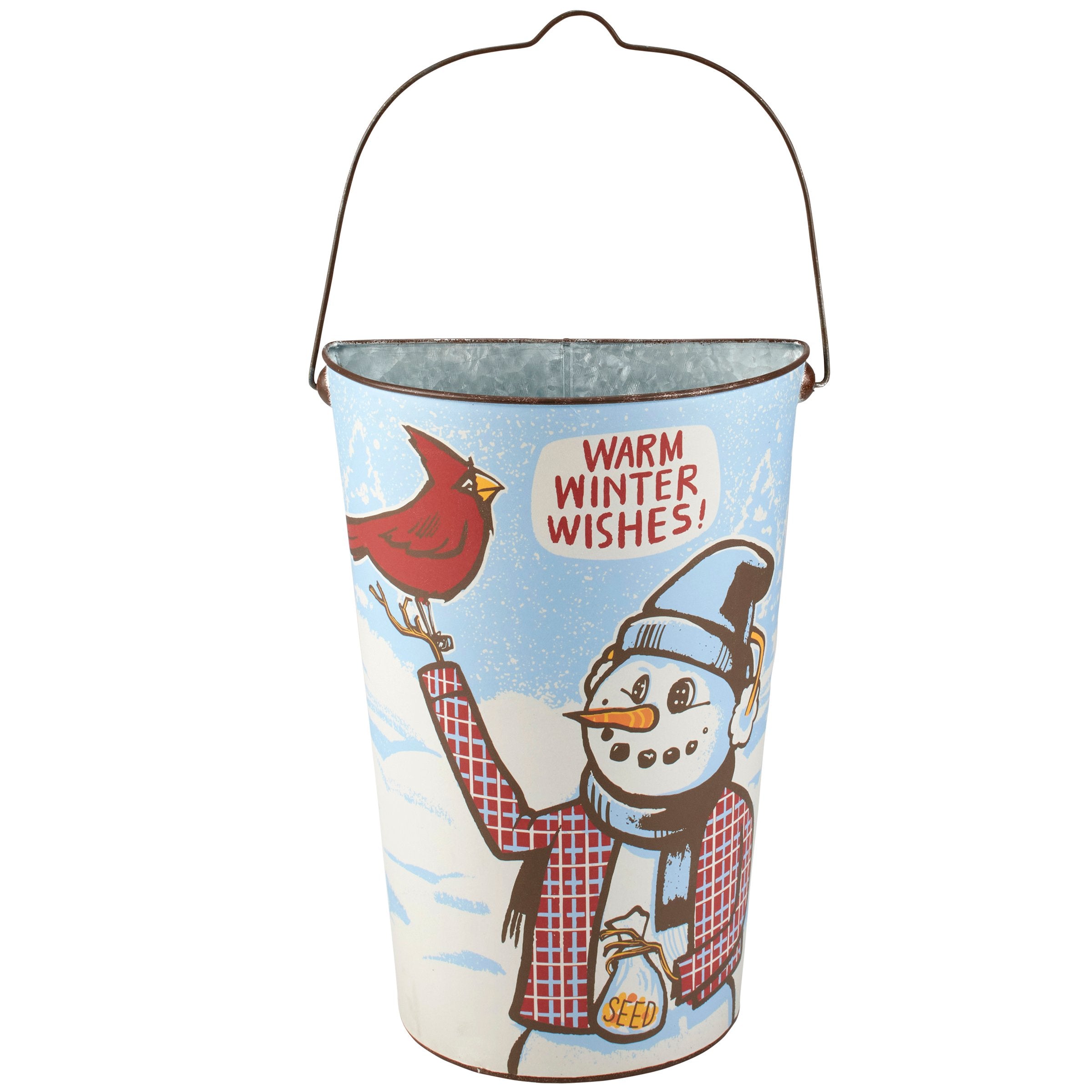 Charming Snowman Cardinal Metal Wall Bucket with Warm Winter Wishes Sentiment