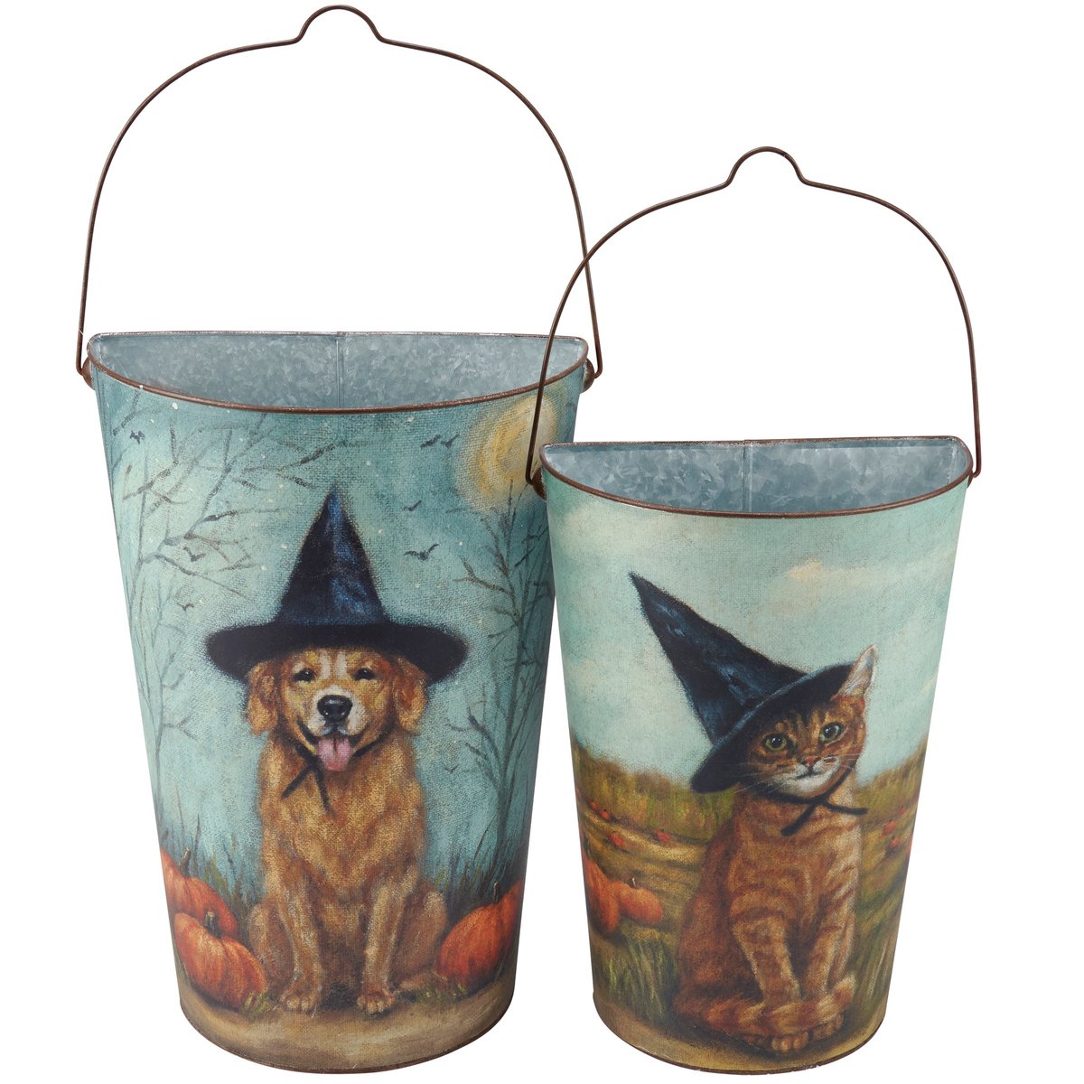 Charming Hand-Painted Halloween Spooky Friends Wall Bucket Set - Rustic Metal Decor