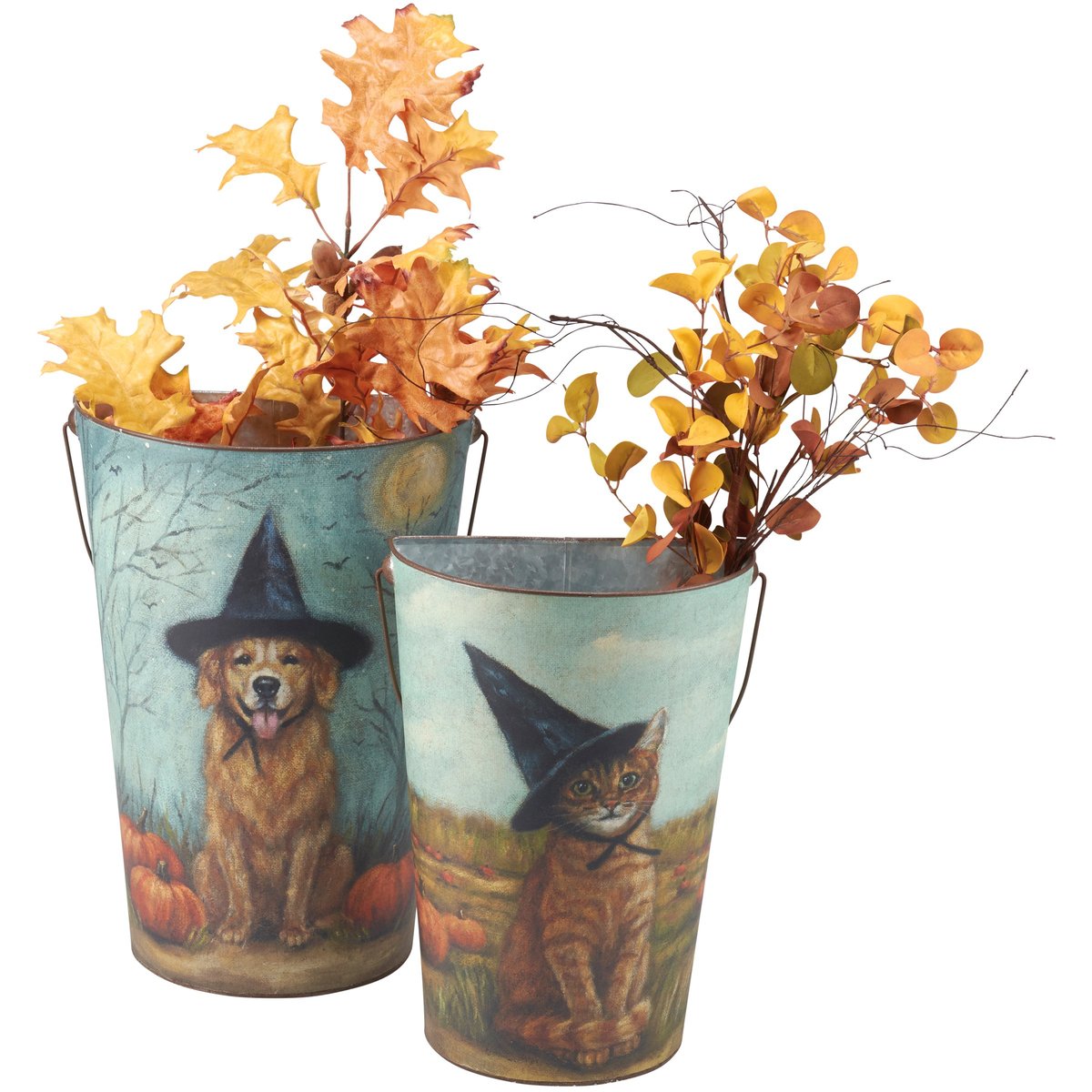 Charming Hand-Painted Halloween Spooky Friends Wall Bucket Set - Rustic Metal Decor