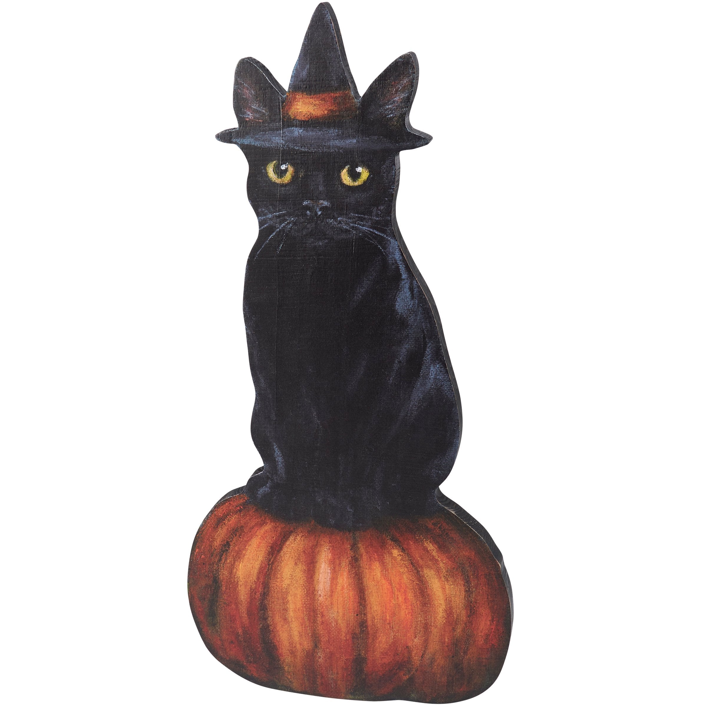 Spooky Black Cat Witch Porch Leaner: Hand-Painted Wooden Halloween Decor