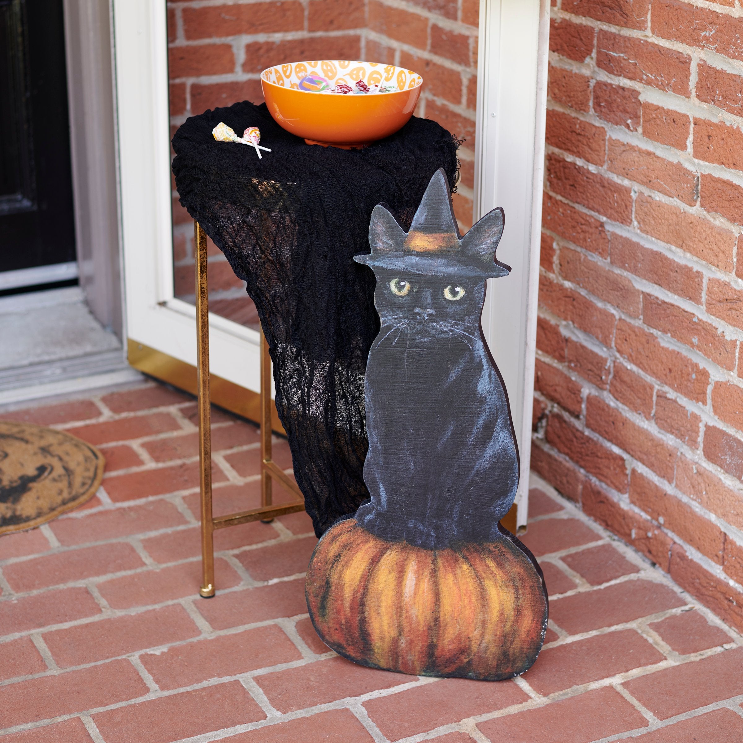 Spooky Black Cat Witch Porch Leaner: Hand-Painted Wooden Halloween Decor