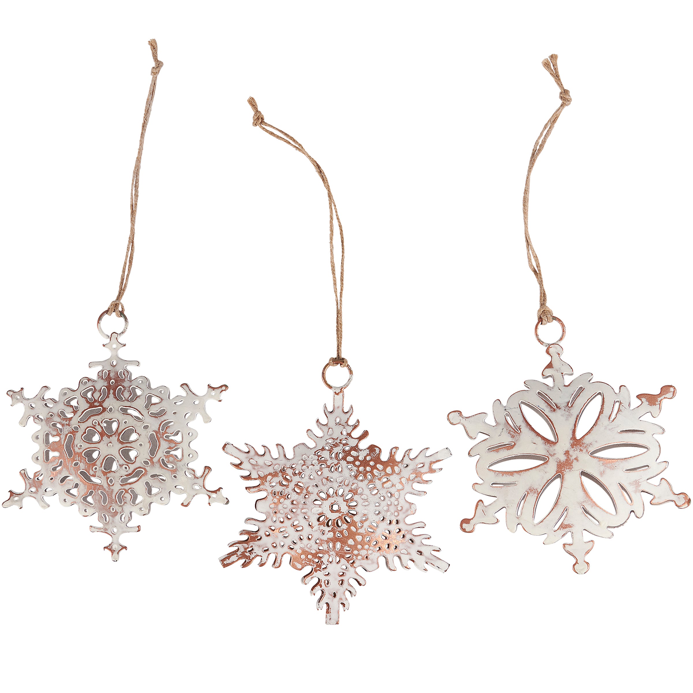 Set of 3 Rustic White Metal Ornate Snowflake Christmas Tree Ornaments