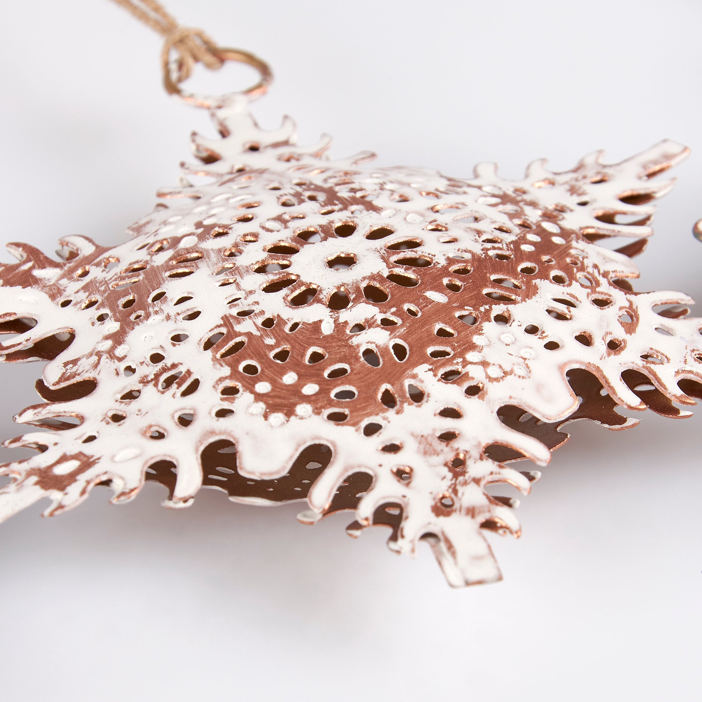 Set of 3 Rustic White Metal Ornate Snowflake Christmas Tree Ornaments