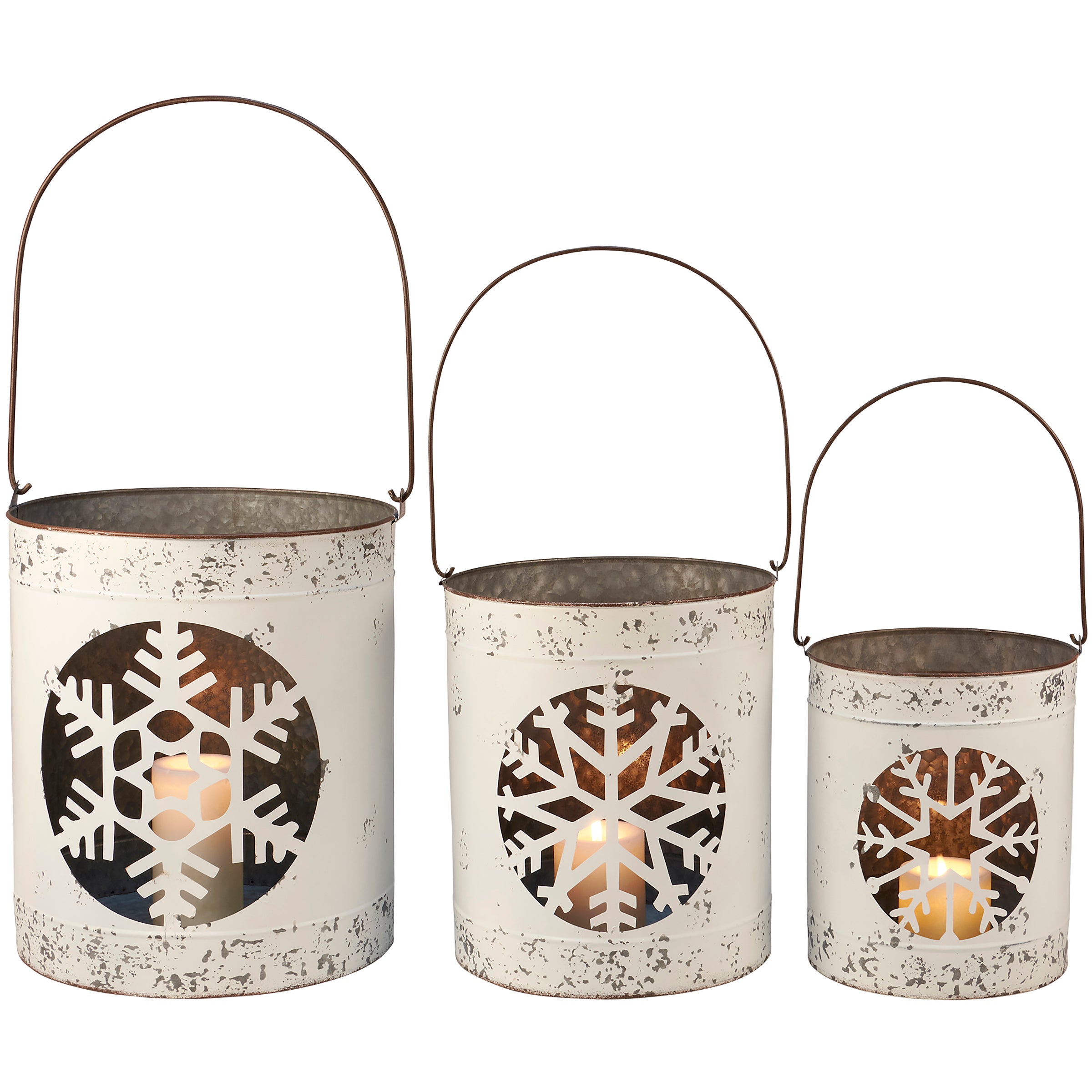 Rustic Nordic Snowflake Metal Lantern Set - Distressed White Winter Decor