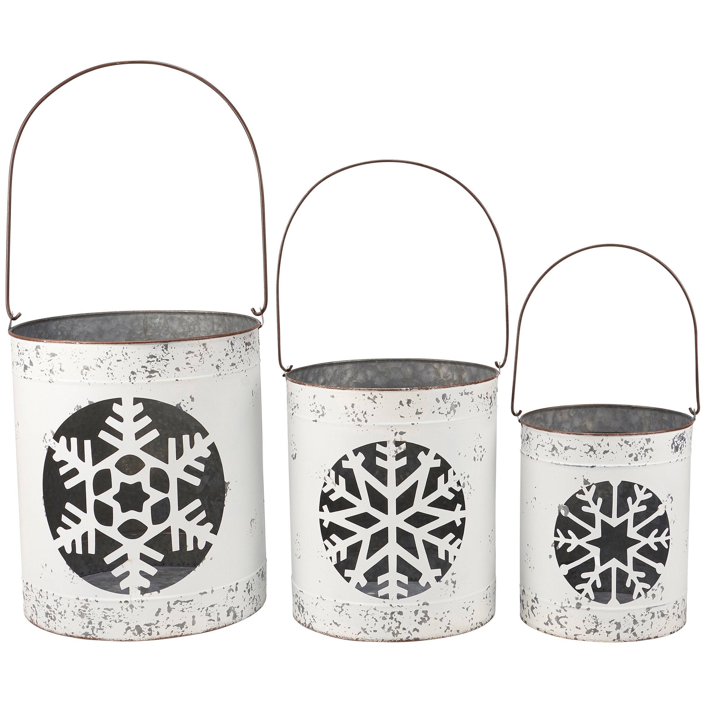 Rustic Nordic Snowflake Metal Lantern Set - Distressed White Winter Decor
