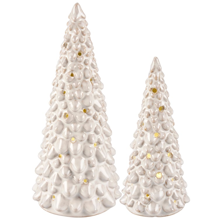 Snowy Cream Glaze Ceramic Lighted Christmas Tree Set, 2-Piece Holiday Decor