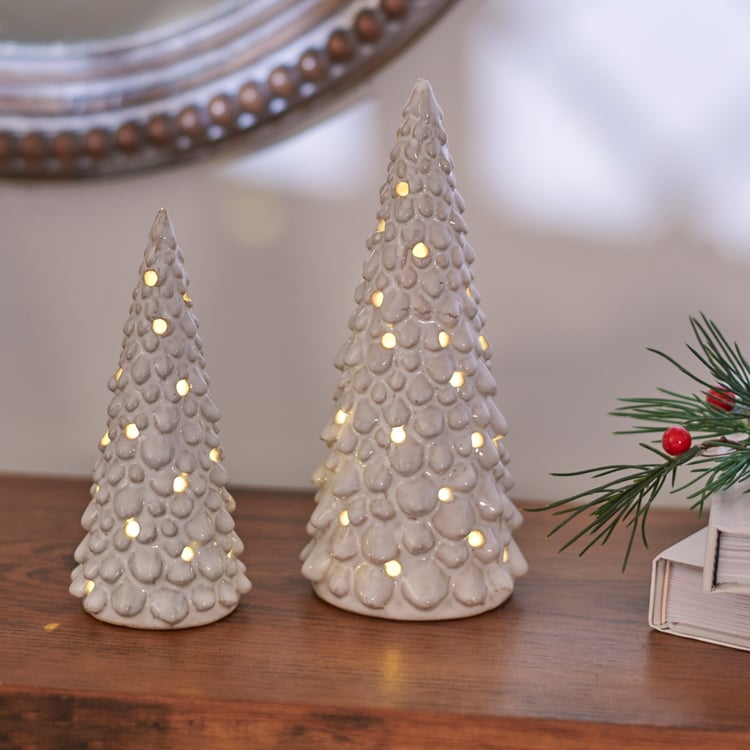 Snowy Cream Glaze Ceramic Lighted Christmas Tree Set, 2-Piece Holiday Decor
