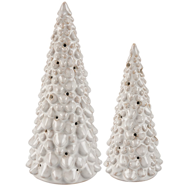 Snowy Cream Glaze Ceramic Lighted Christmas Tree Set, 2-Piece Holiday Decor