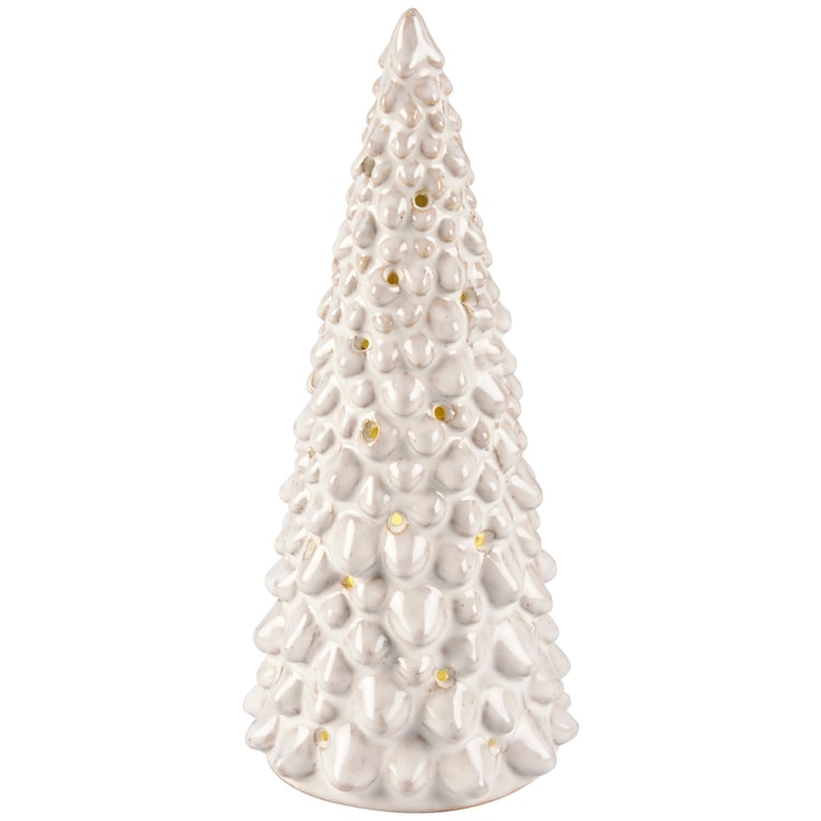 Snowy Cream Glaze Ceramic Lighted Christmas Tree Set, 2-Piece Holiday Decor