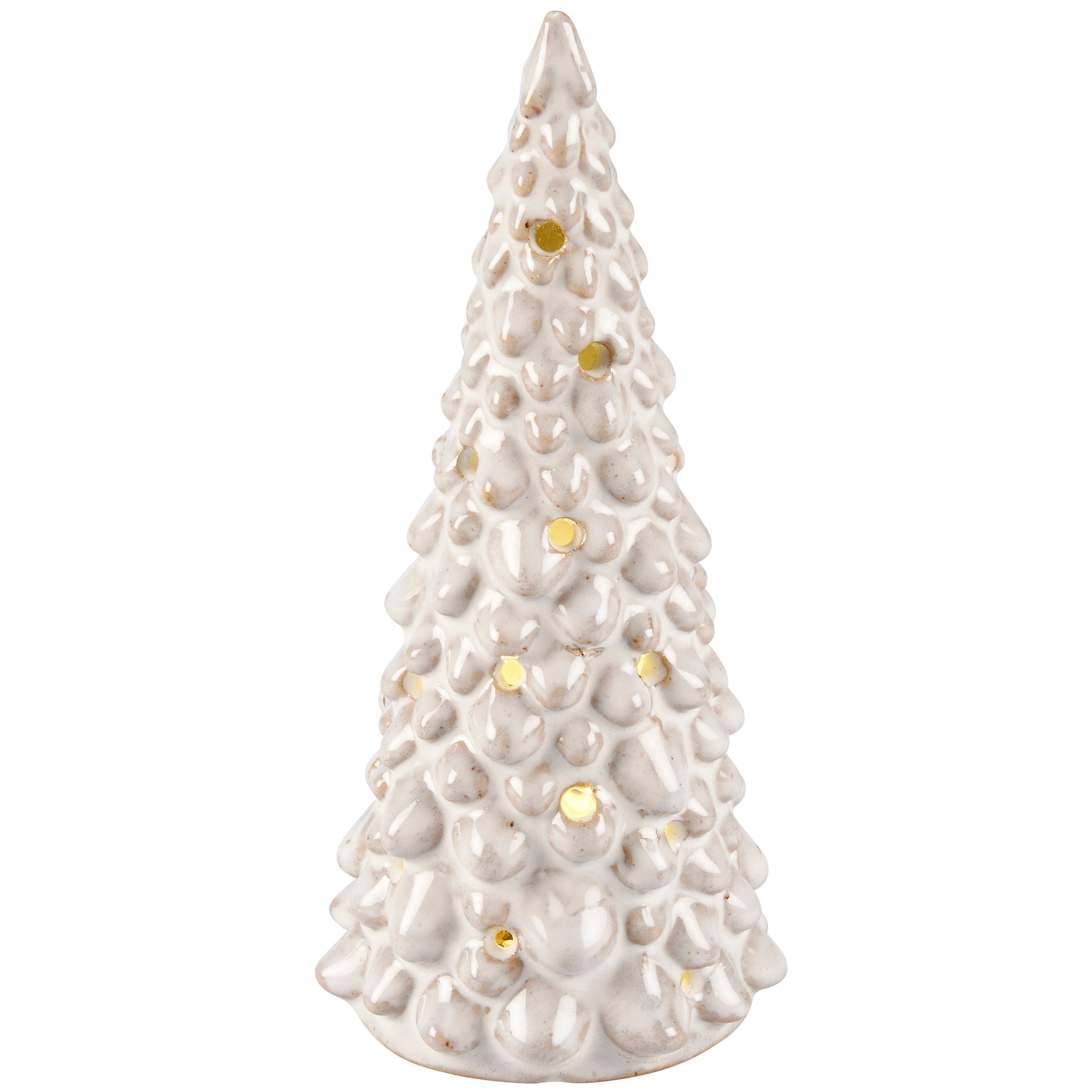 Snowy Cream Glaze Ceramic Lighted Christmas Tree Set, 2-Piece Holiday Decor