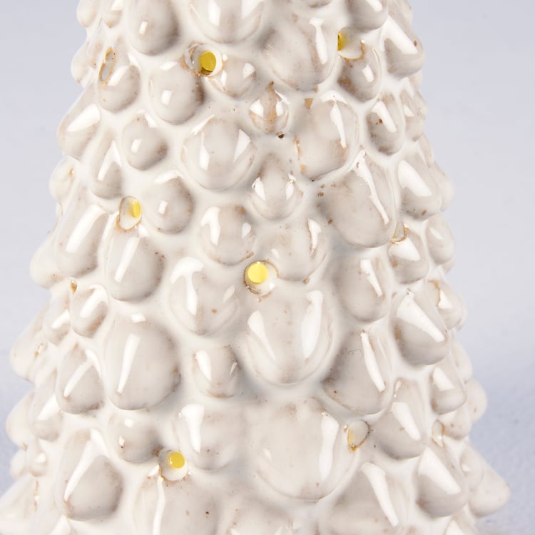Snowy Cream Glaze Ceramic Lighted Christmas Tree Set, 2-Piece Holiday Decor