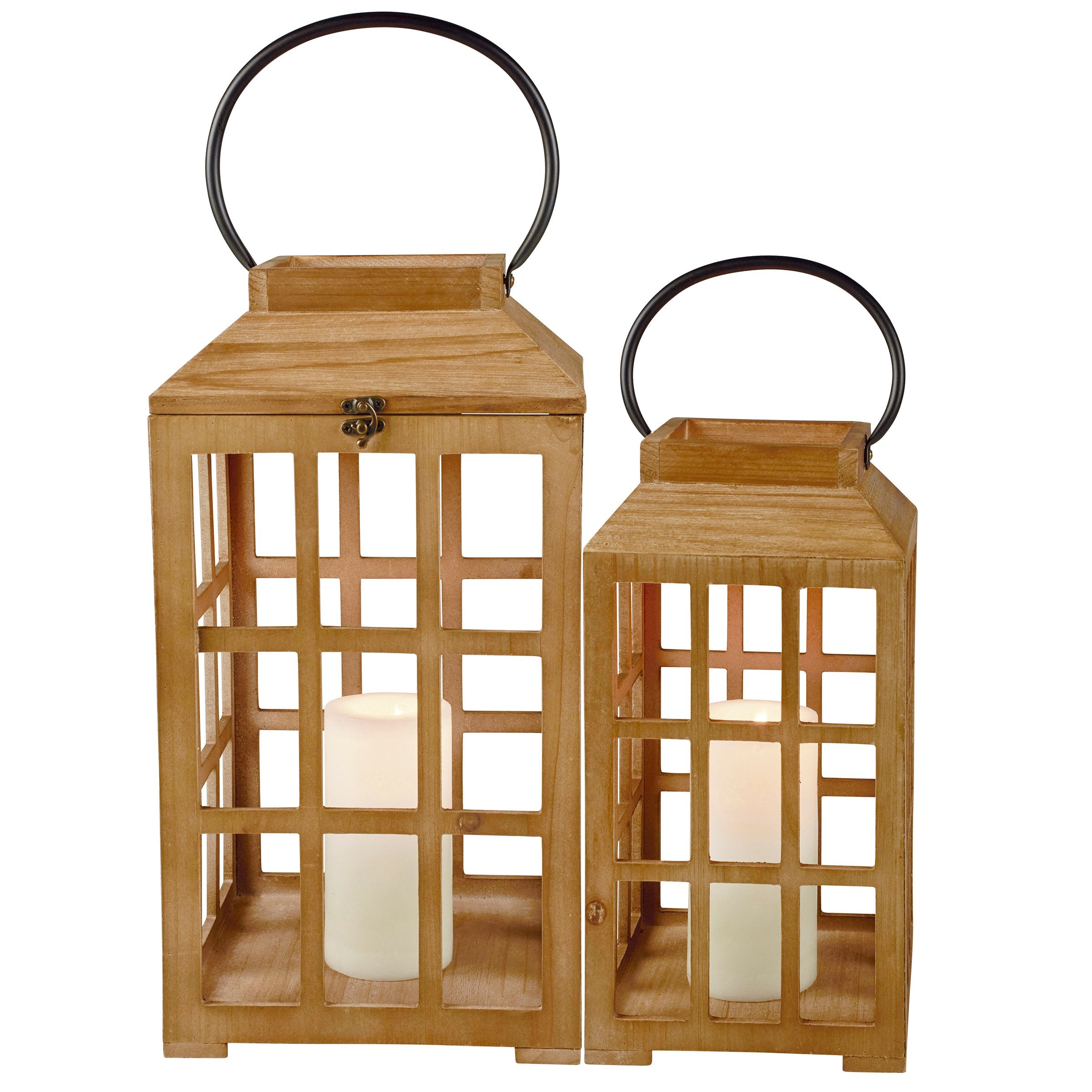 Charming Rustic Wooden Lantern Set with Metal Handles for Home Decor