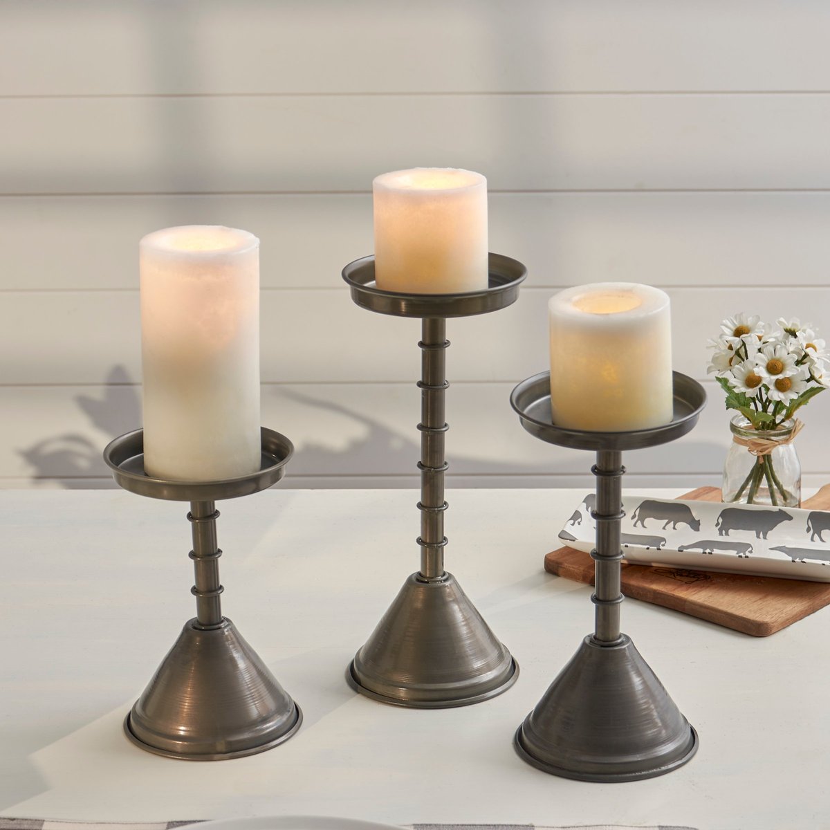 Rustic Farmhouse Metal Funnel Candle Holder Set, Three Tiered Home Accent