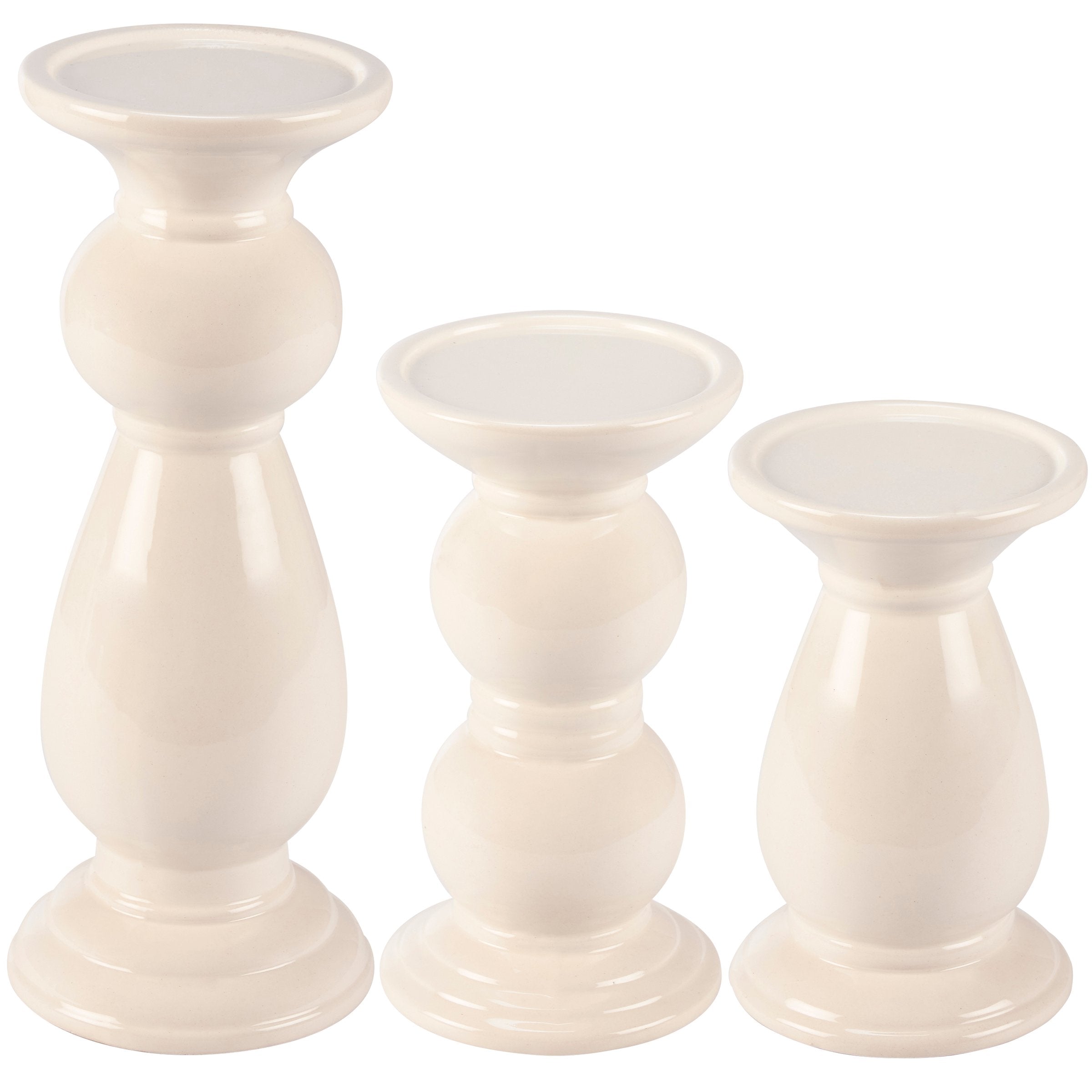 Elegant Glossy Ceramic Pillar Candle Holder Set, Three Distinct Sizes