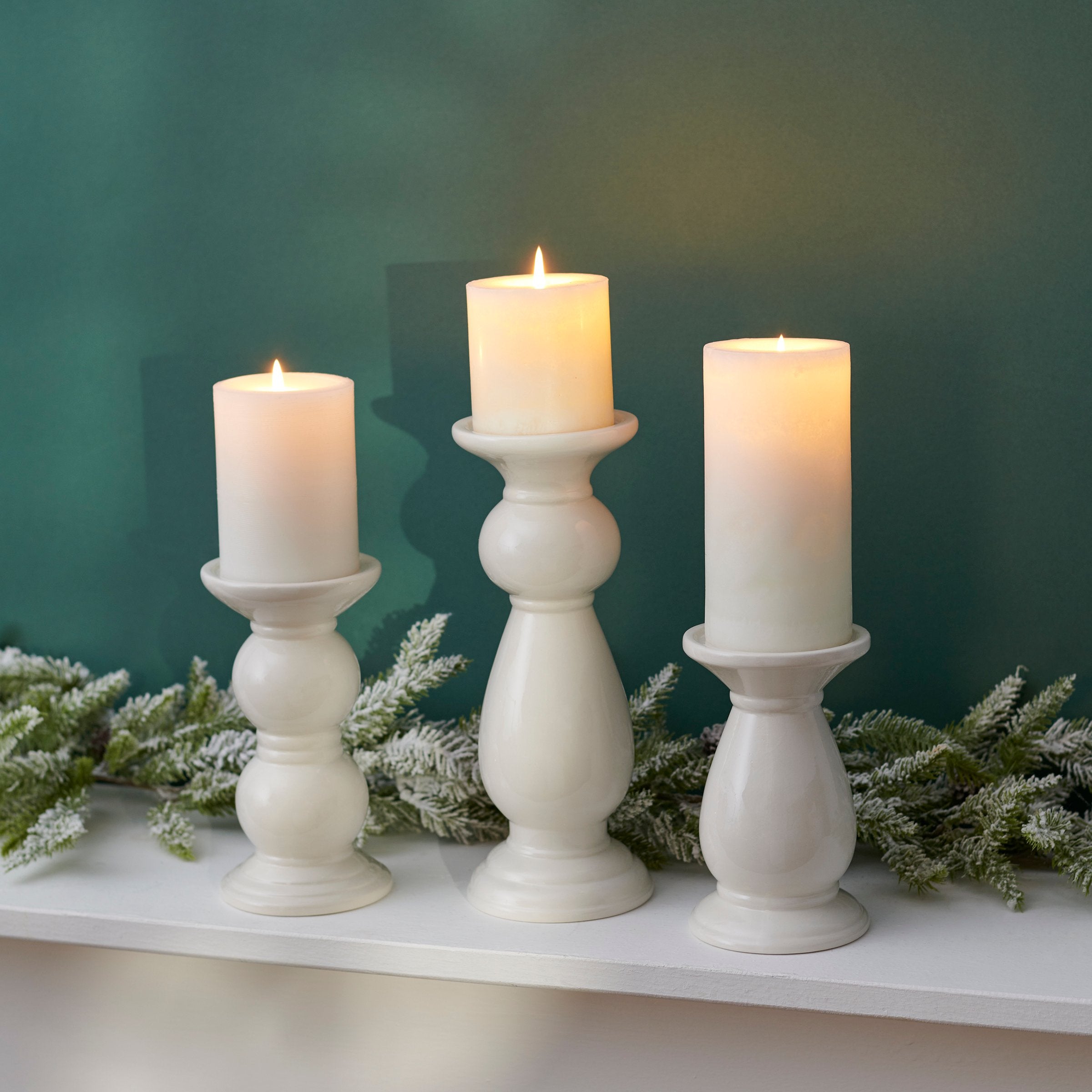 Elegant Glossy Ceramic Pillar Candle Holder Set, Three Distinct Sizes