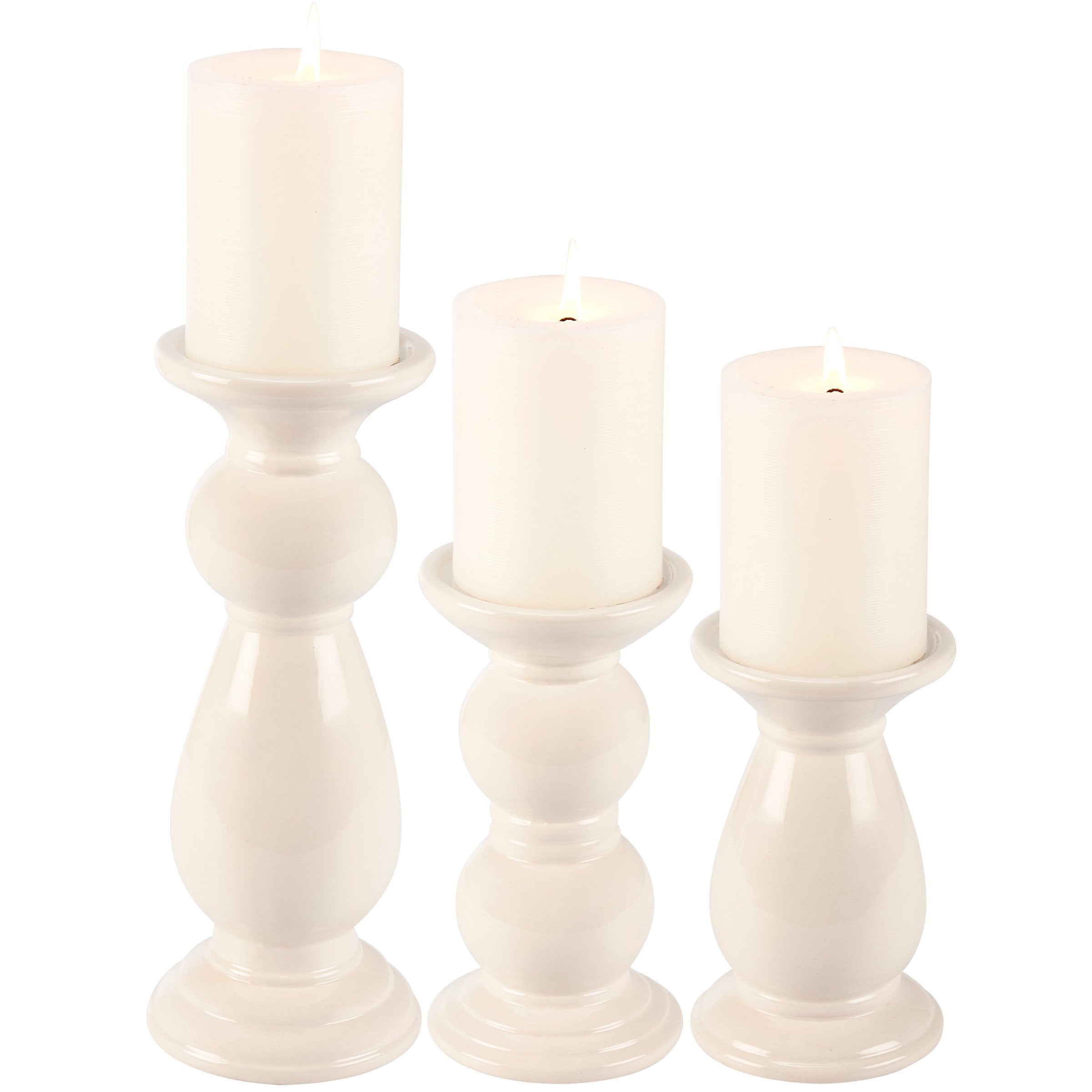 Elegant Glossy Ceramic Pillar Candle Holder Set, Three Distinct Sizes