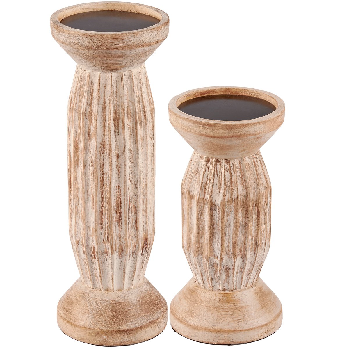 Rustic Farmhouse Carved Wood Candle Holder Set, Distressed Natural Finish