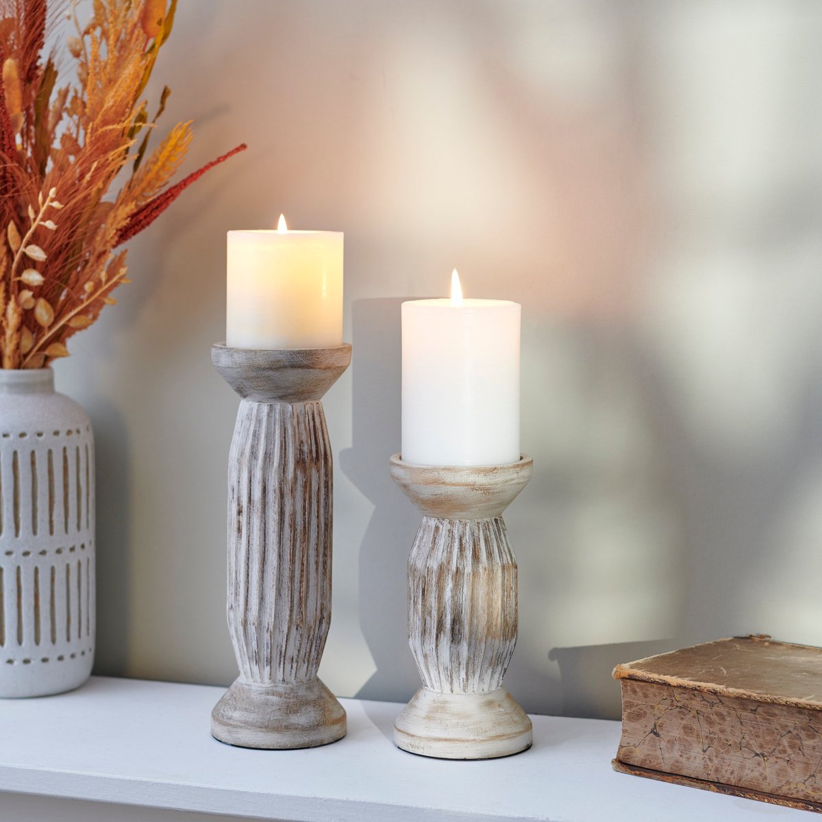 Rustic Farmhouse Carved Wood Candle Holder Set, Distressed Natural Finish