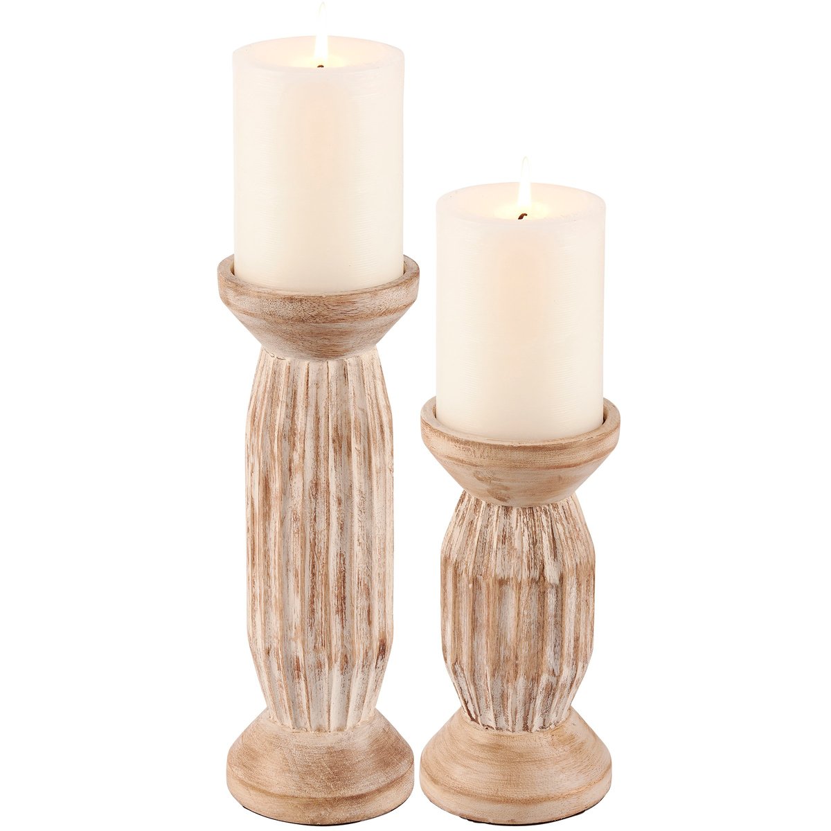 Rustic Farmhouse Carved Wood Candle Holder Set, Distressed Natural Finish