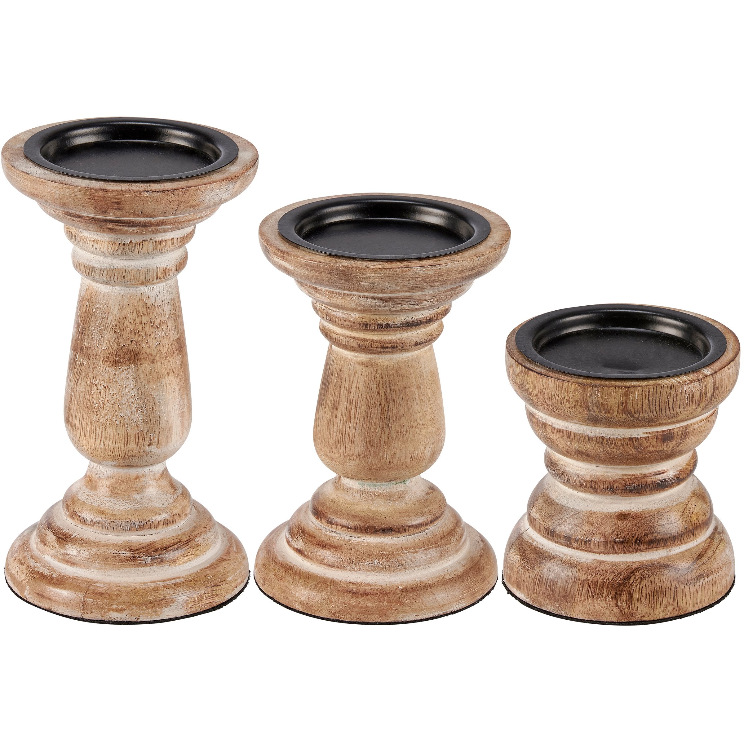 Farmhouse Rustic Wooden Pillar Candle Holder Set - Distressed Natural Wood Decor