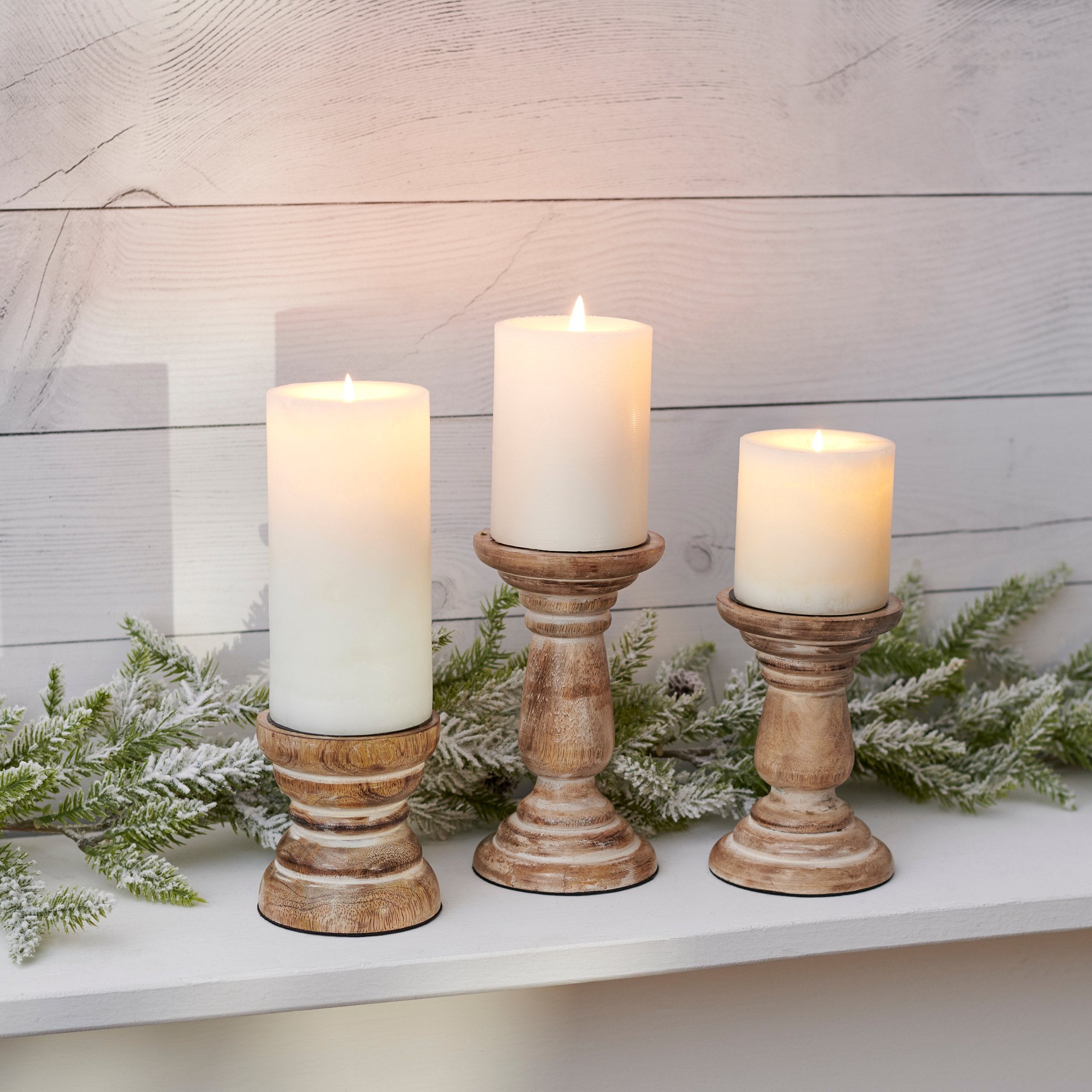 Farmhouse Rustic Wooden Pillar Candle Holder Set - Distressed Natural Wood Decor