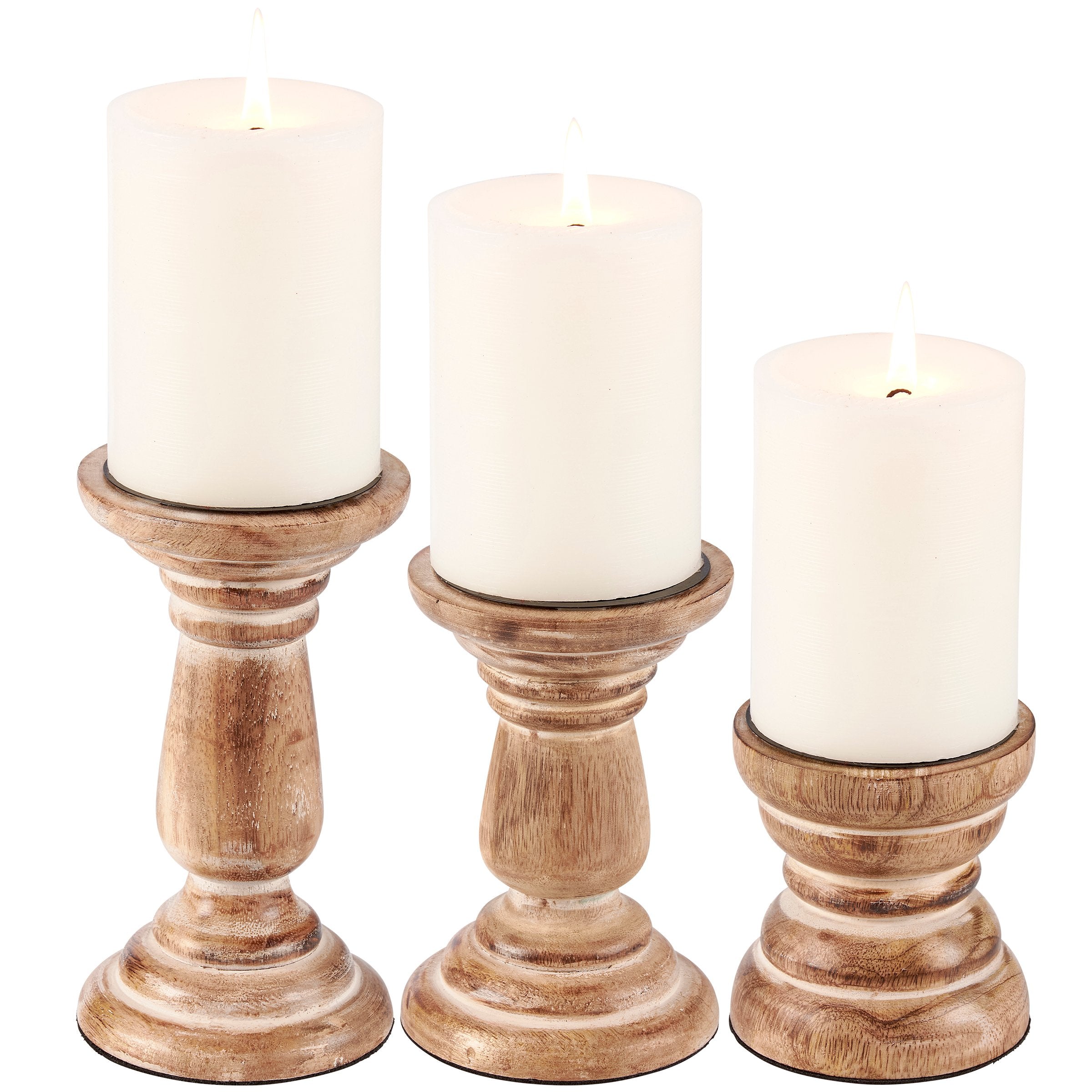 Farmhouse Rustic Wooden Pillar Candle Holder Set - Distressed Natural Wood Decor