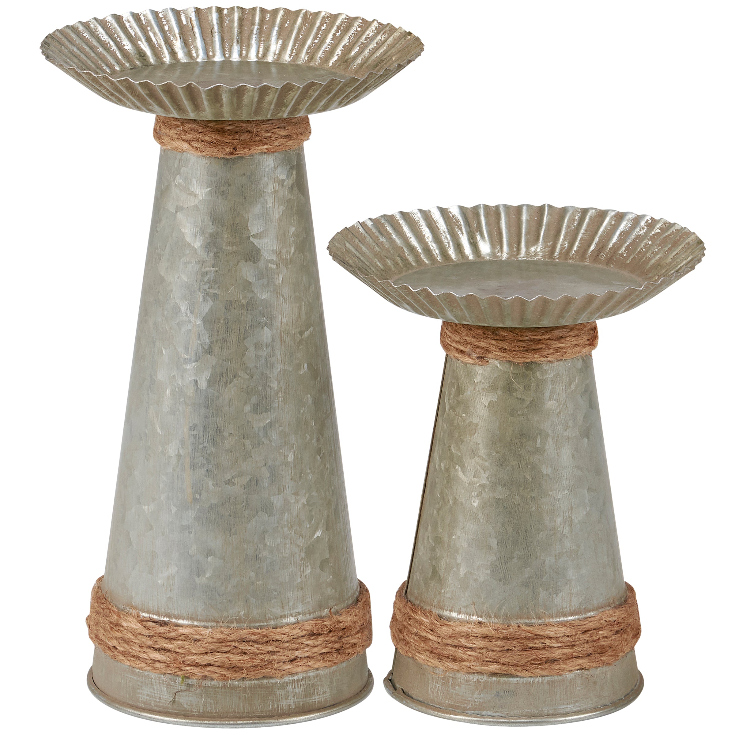 Primitive Farmhouse Galvanized Metal Jute Candle Holder Set - 2 Rustic Pieces